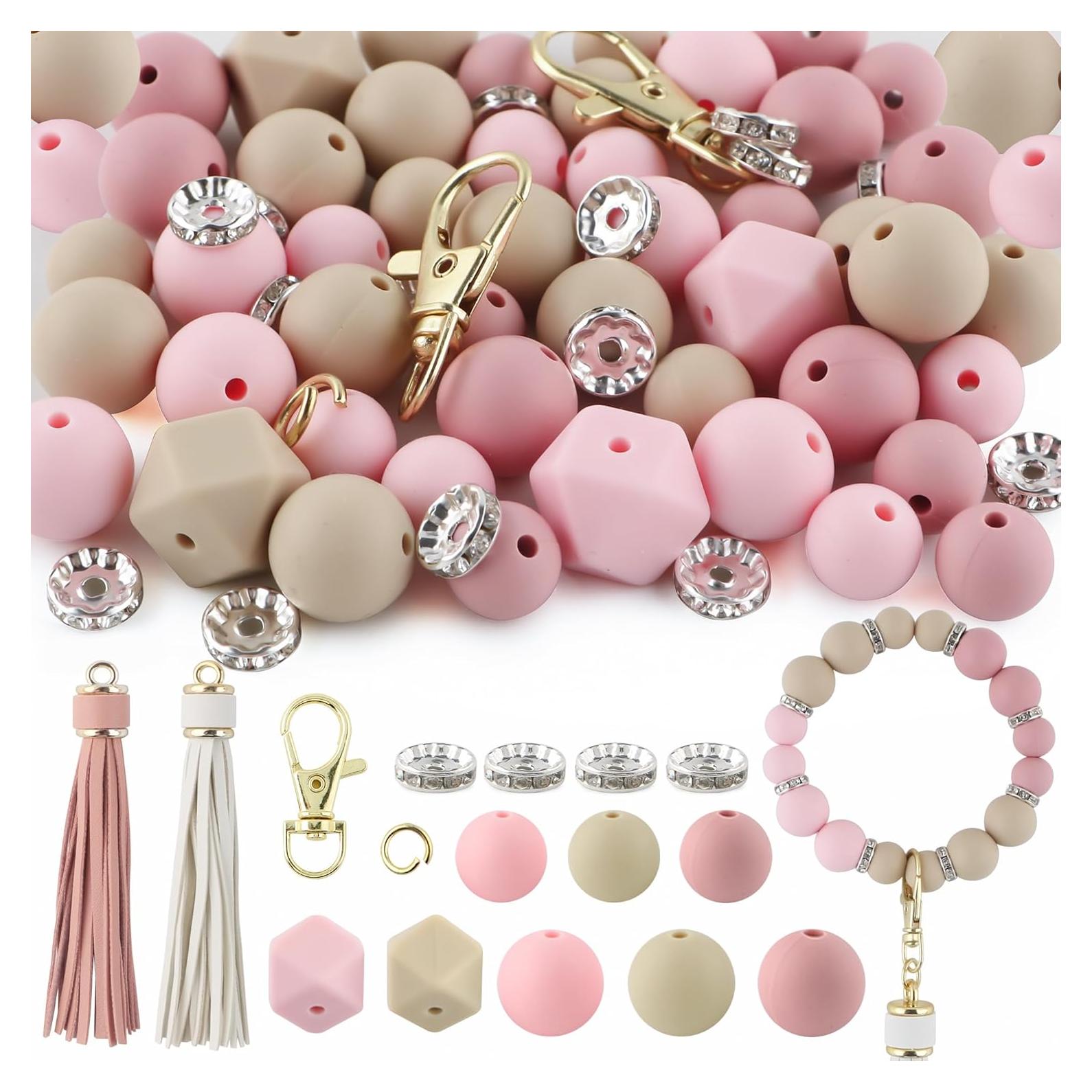 Sunrony 60Pcs Mixed Blush Oat Pink Tassels Keychains Rhinestone Spacer Round Hexagon Silicone Beads for Keychain Making and Necklace Bracelet, 12mm 14mm 15mm Silicone Beads for Pens Crafts