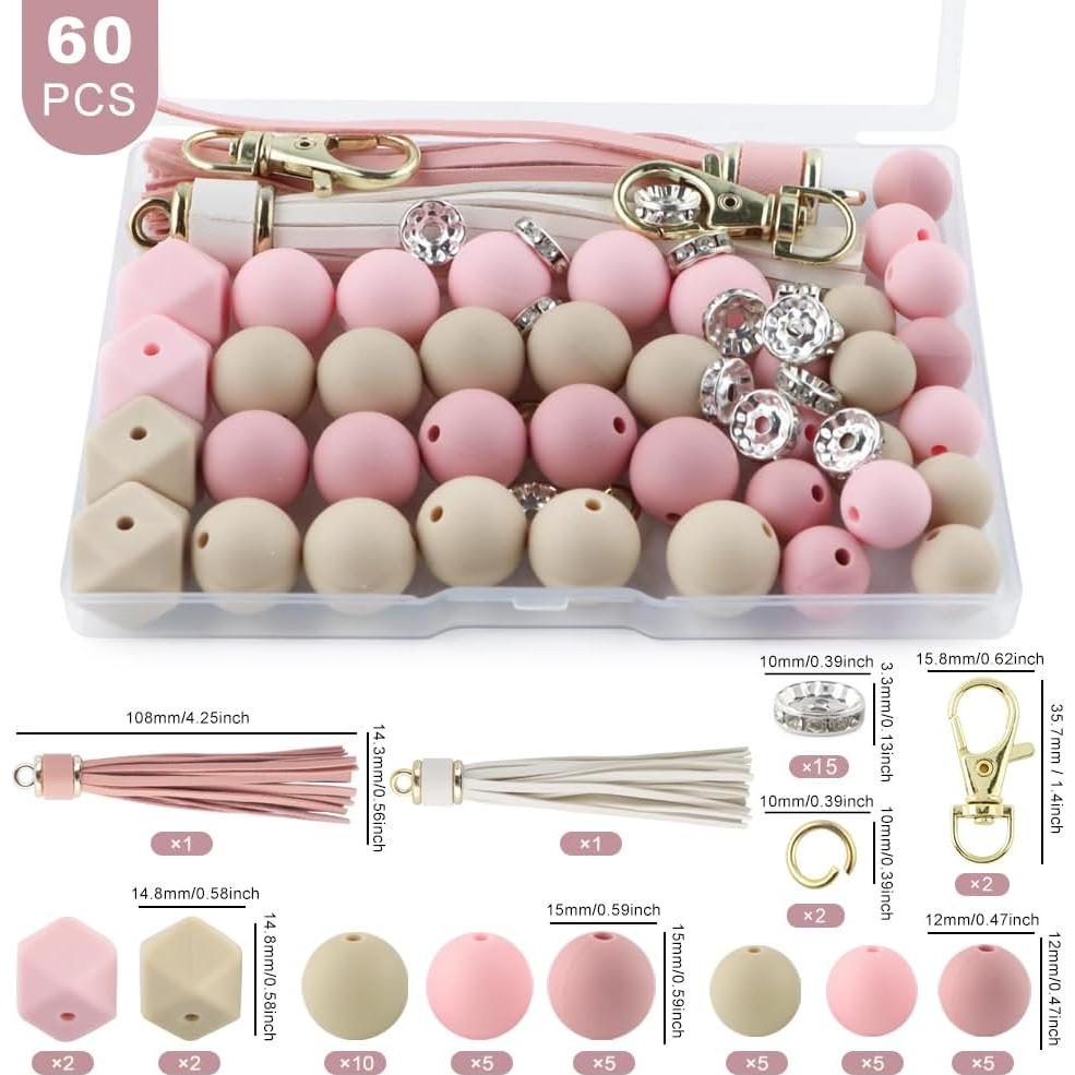 Sunrony 60Pcs Mixed Blush Oat Pink Tassels Keychains Rhinestone Spacer Round Hexagon Silicone Beads for Keychain Making and Necklace Bracelet, 12mm 14mm 15mm Silicone Beads for Pens Crafts