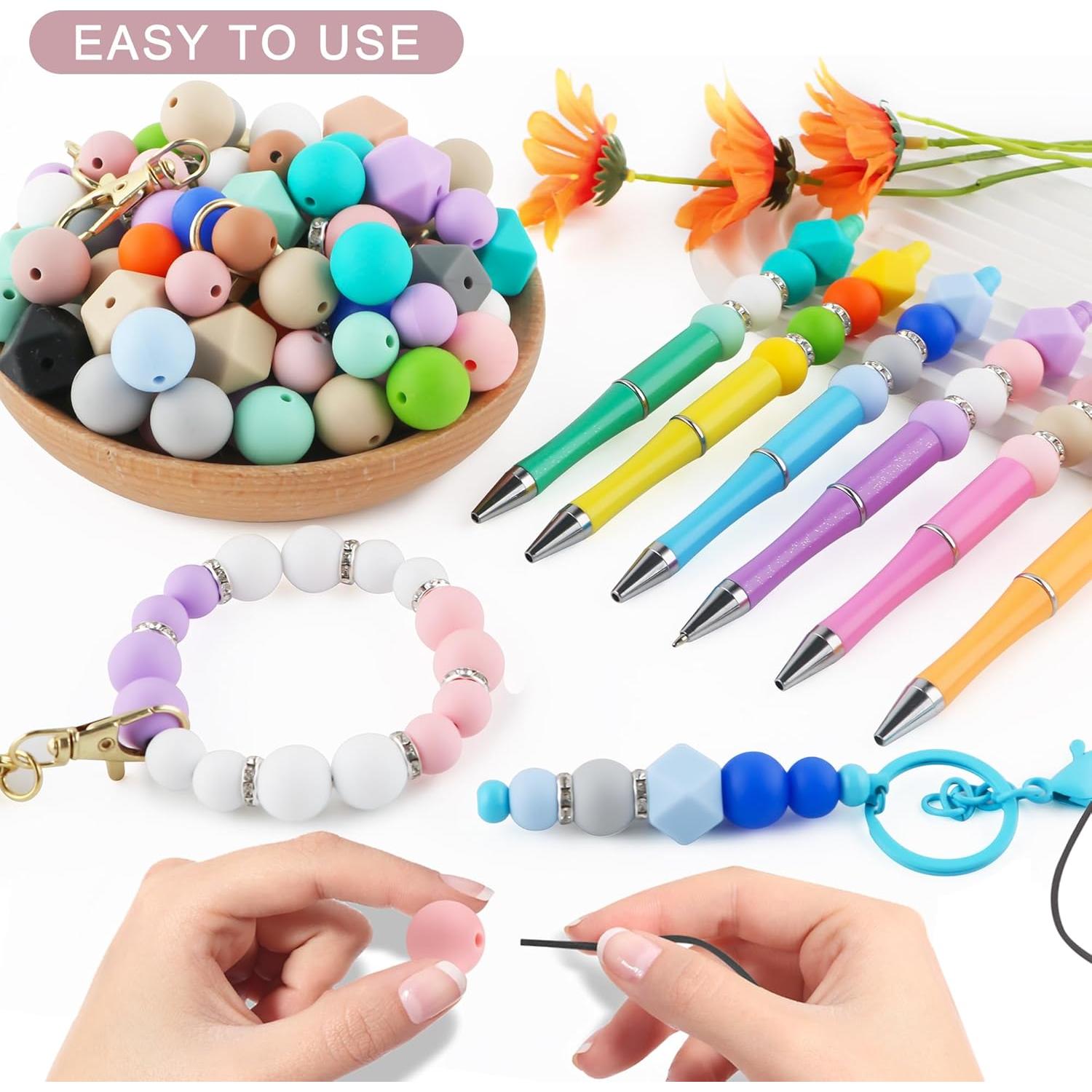 Sunrony 60Pcs Mixed Blush Oat Pink Tassels Keychains Rhinestone Spacer Round Hexagon Silicone Beads for Keychain Making and Necklace Bracelet, 12mm 14mm 15mm Silicone Beads for Pens Crafts