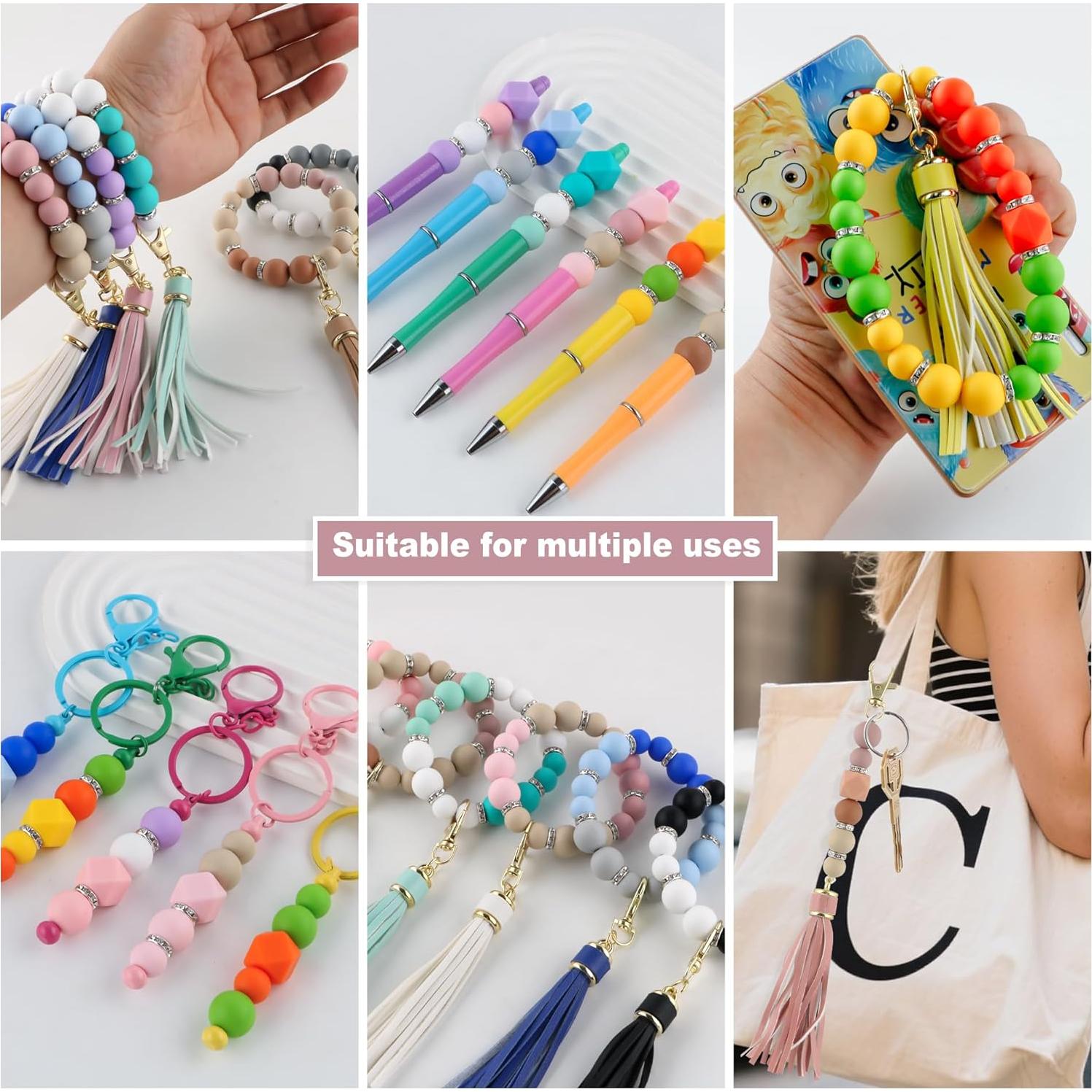 Sunrony 60Pcs Mixed Blush Oat Pink Tassels Keychains Rhinestone Spacer Round Hexagon Silicone Beads for Keychain Making and Necklace Bracelet, 12mm 14mm 15mm Silicone Beads for Pens Crafts