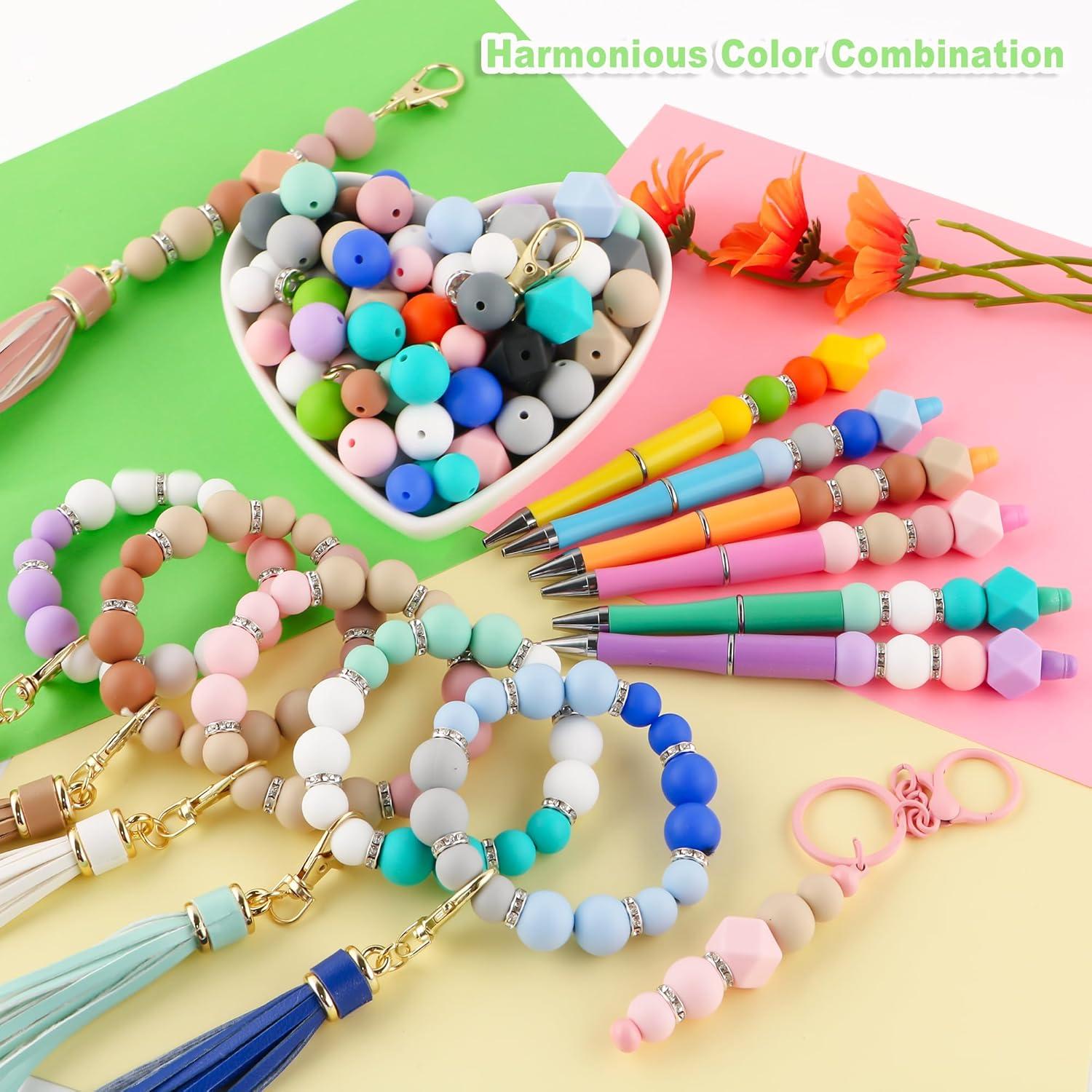 Sunrony 60Pcs Mixed Blush Oat Pink Tassels Keychains Rhinestone Spacer Round Hexagon Silicone Beads for Keychain Making and Necklace Bracelet, 12mm 14mm 15mm Silicone Beads for Pens Crafts