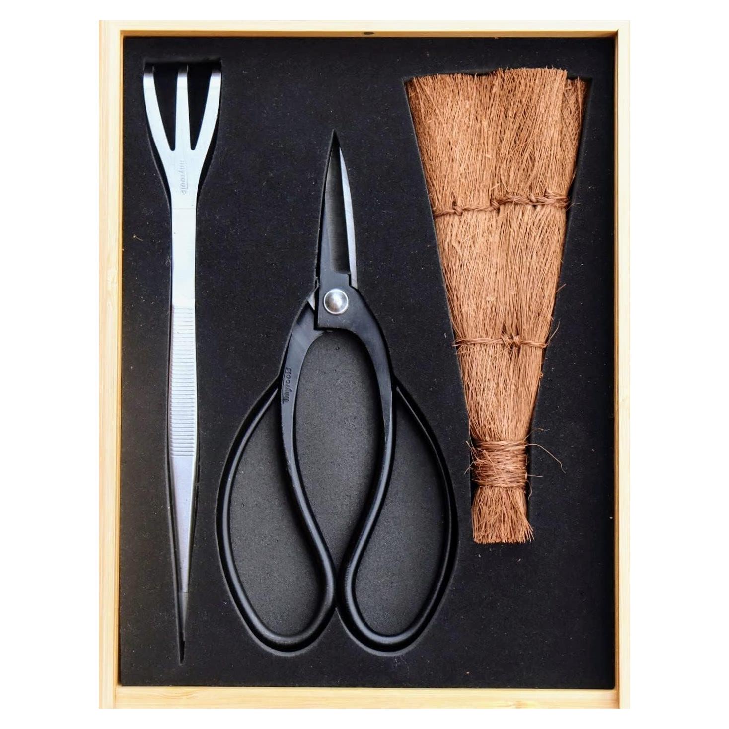 Kit de Herramientas Bonsai Tinyroots - 3 Piezas con Tijeras, Escoba y Rastrillo