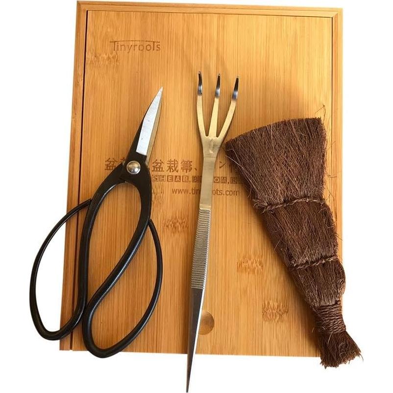 Kit de Herramientas Bonsai Tinyroots - 3 Piezas con Tijeras, Escoba y Rastrillo