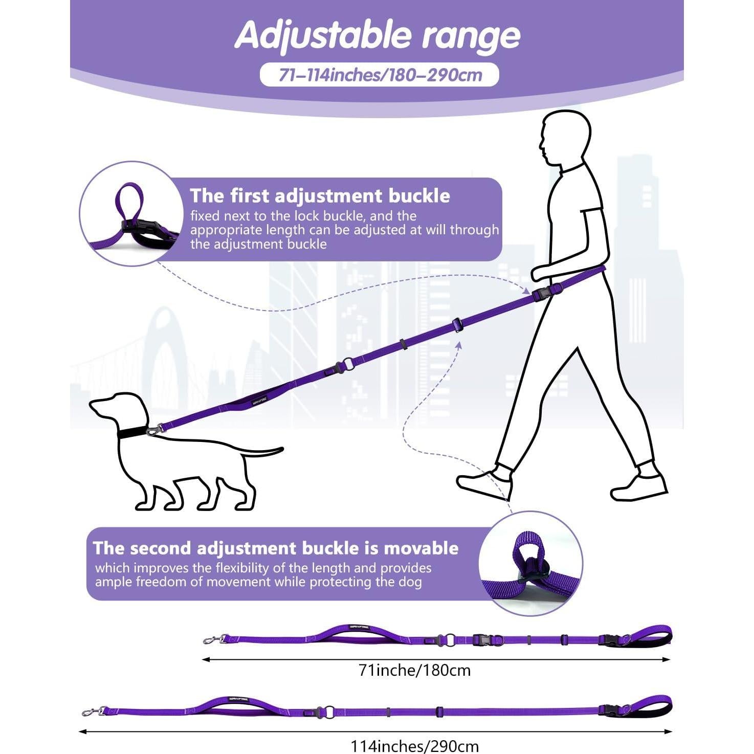 Correa para Perros Manos Libres WANFIRE 1.8-2.9m Púrpura