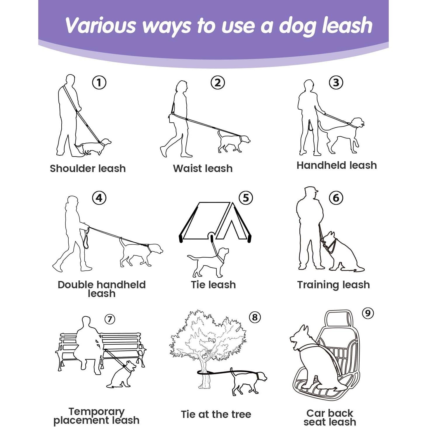 Correa para Perros Manos Libres WANFIRE 1.8-2.9m Púrpura