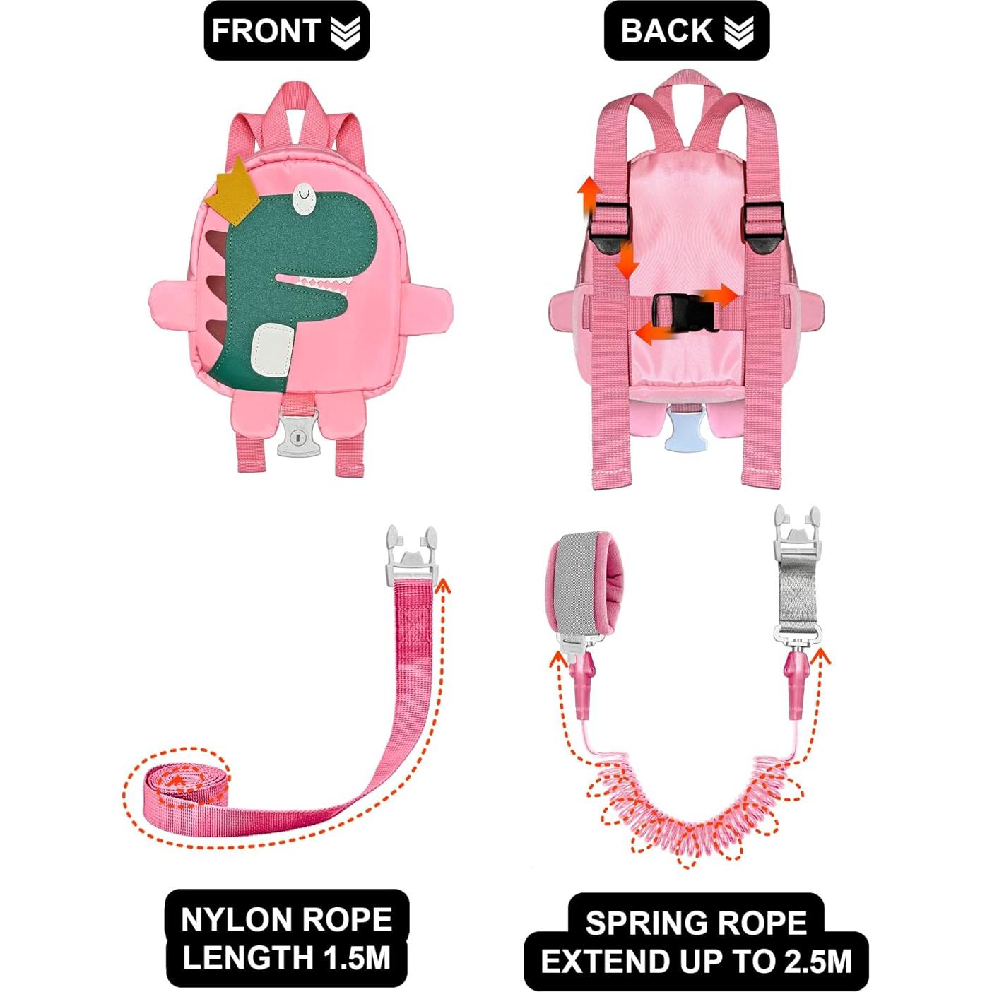 Arnés de Seguridad para Niños 3 en 1 con Mochila Dinosaurio Rosa