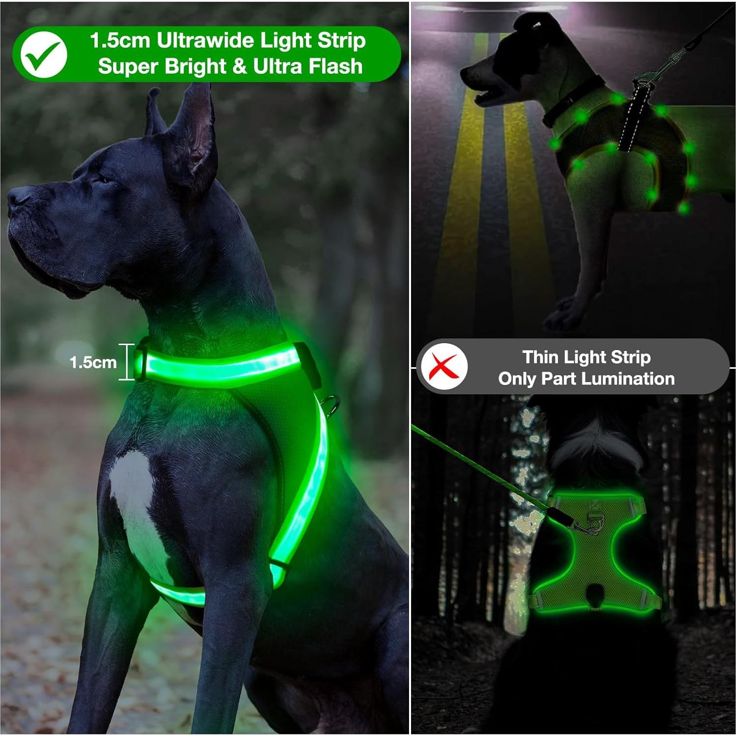 ChalkLit Light Up Dog Harness, No Pull Led Dog Harness Glow-in-The-Dark for Night Walking, USB Rechargeable Lighted Safety Vest for Medium Large Dogs, Adjustable Soft Mesh Fully Illuminated(Green, L)