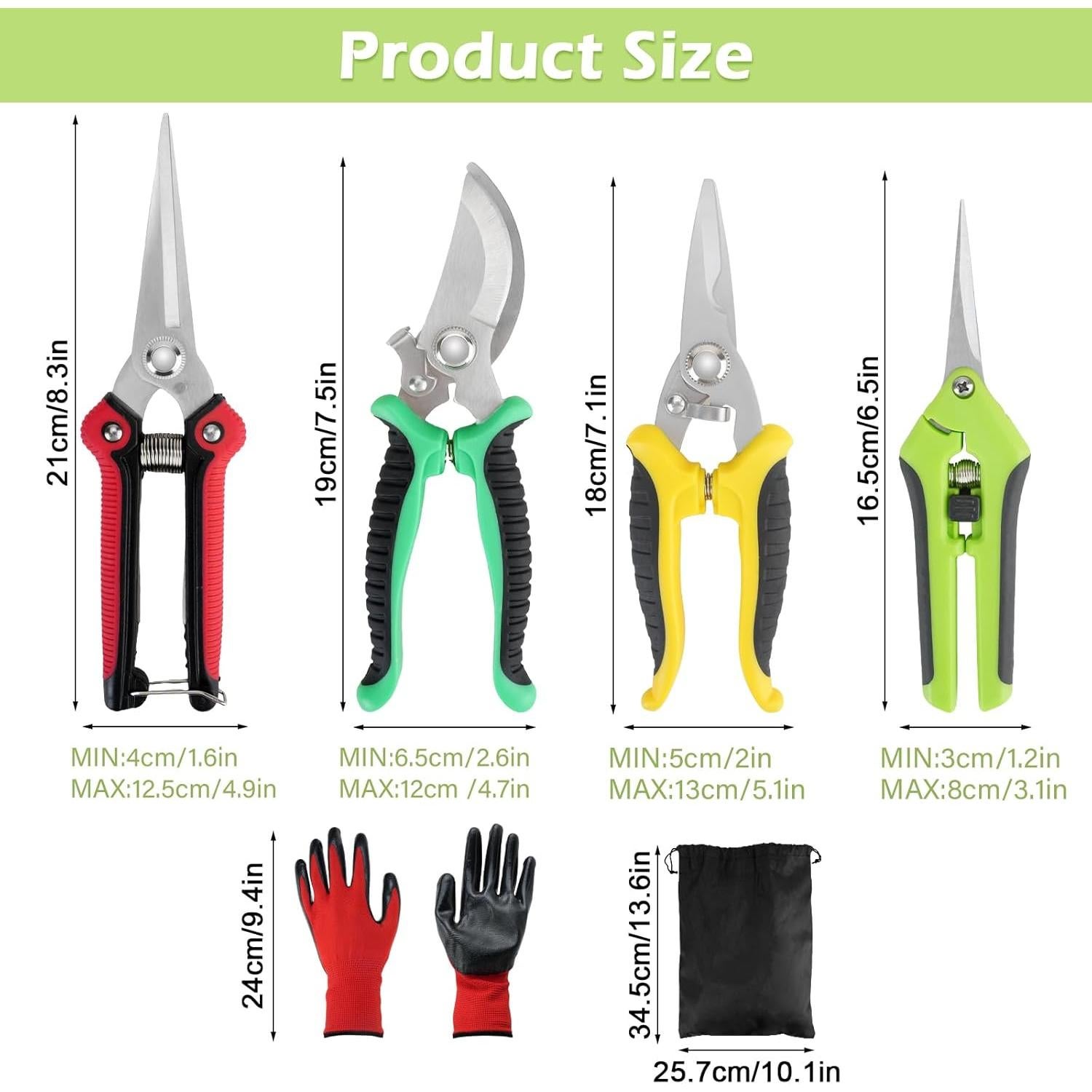 Juego de 6 Tijeras de Jardinería RX-192 con Guantes y Bolsa