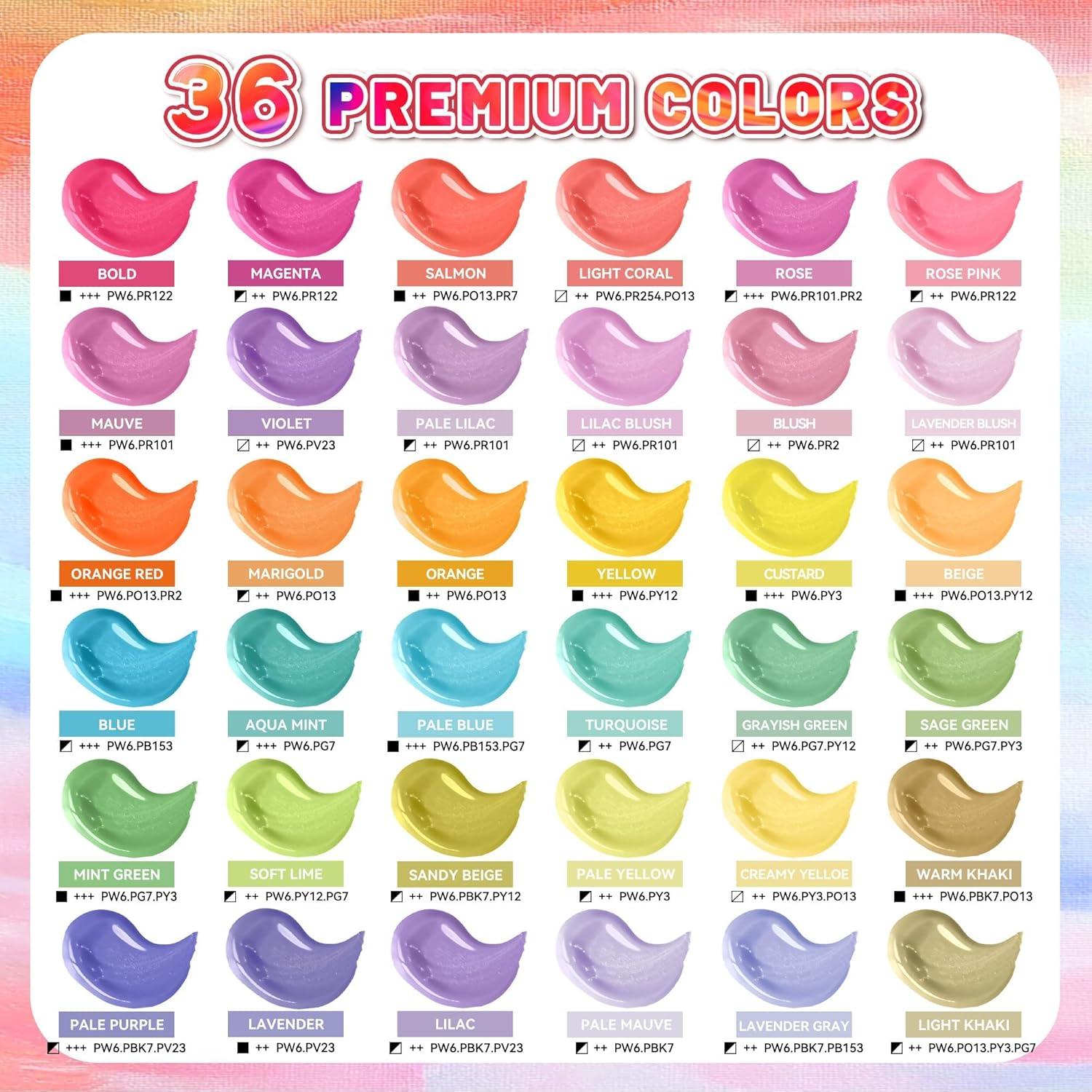 Juego de Pintura Acrílica Pastel VigorFun 52 Piezas 36 Colores