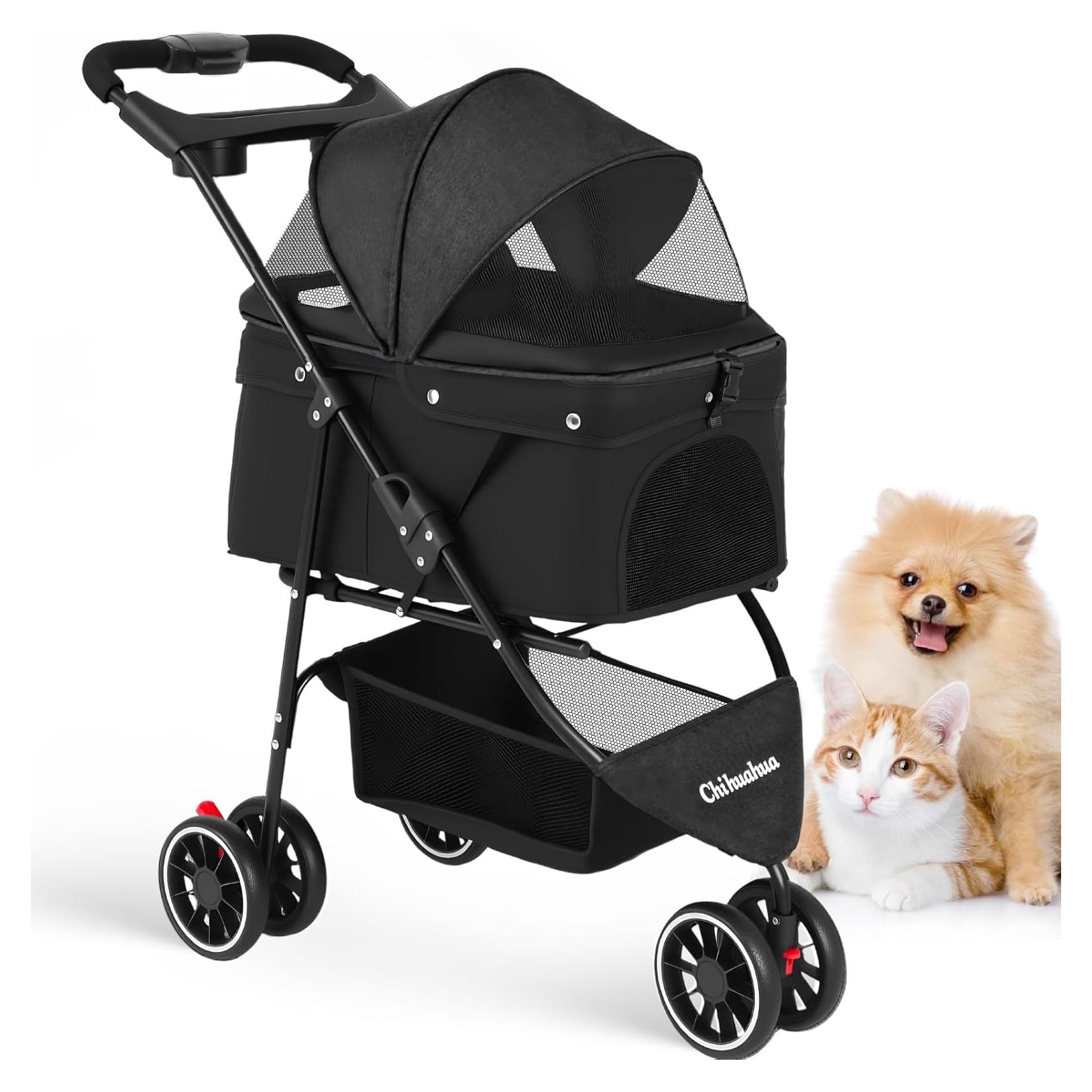 Carrito para Mascotas Chihuahua Negro 3 Ruedas Plegable