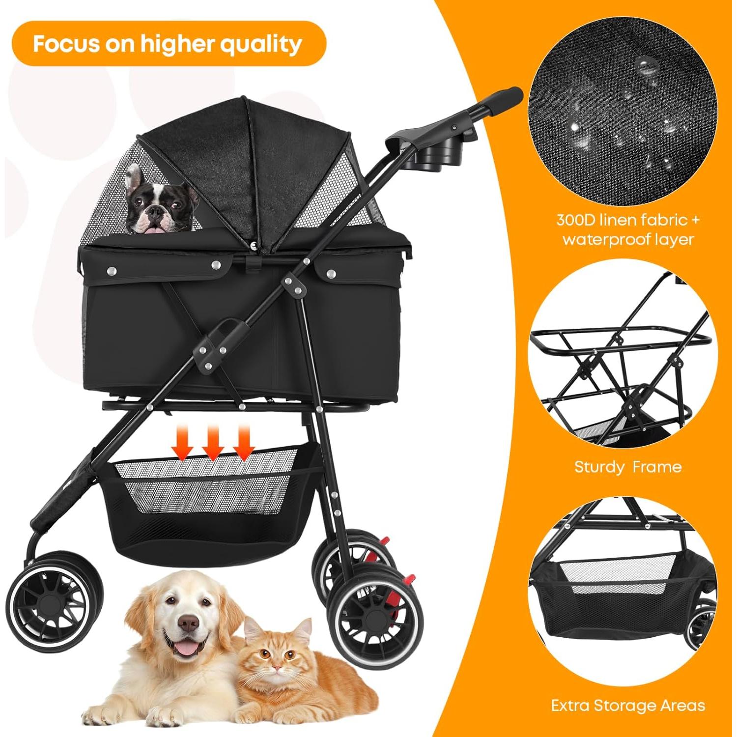 Carrito para Mascotas Chihuahua Negro 3 Ruedas Plegable