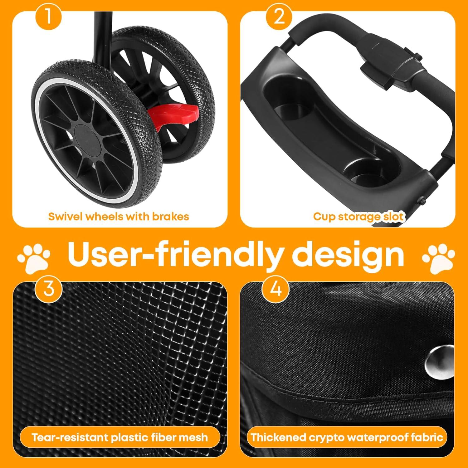 Carrito para Mascotas Chihuahua Negro 3 Ruedas Plegable