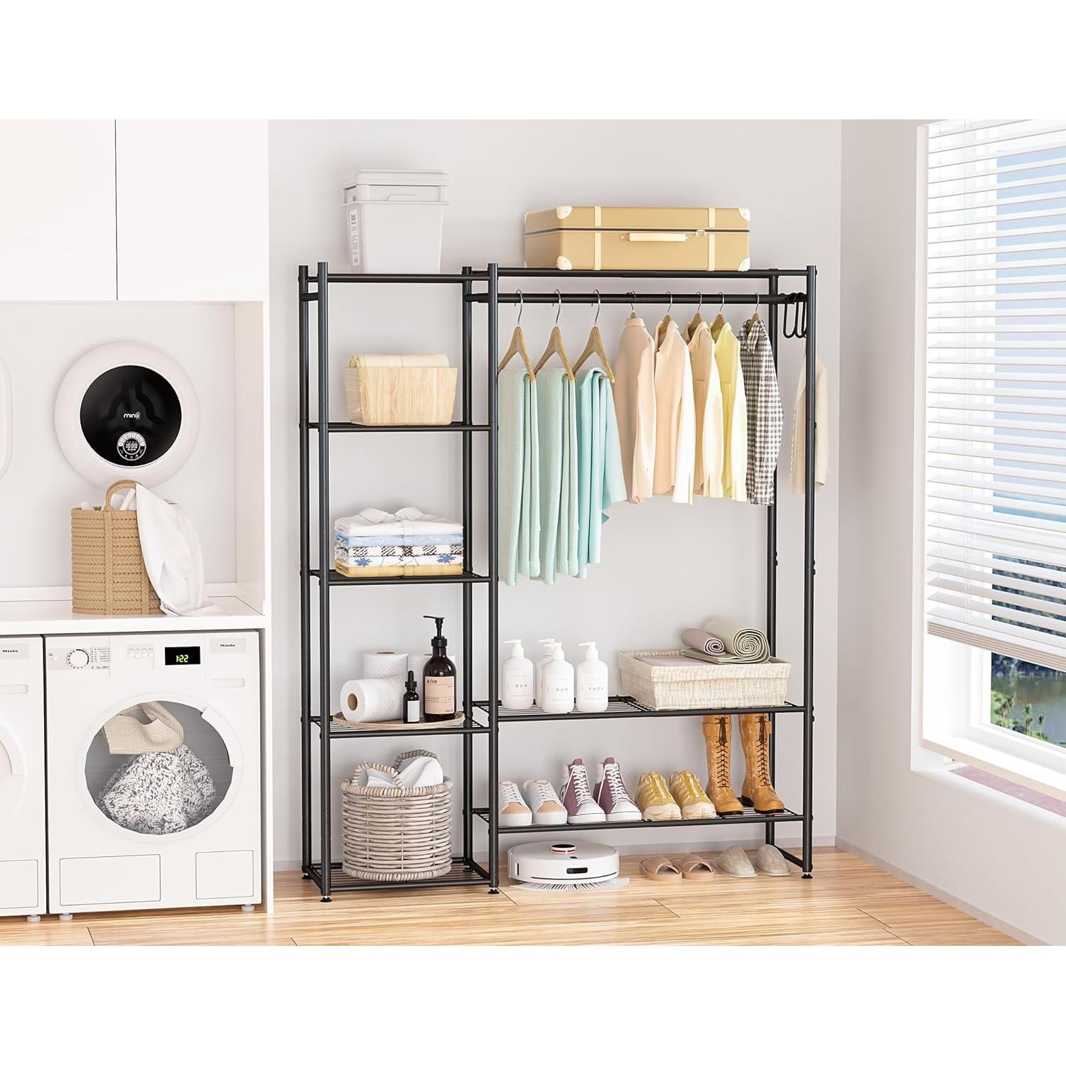 Perchero portátil Neprock con 4 estantes, Negro, 121x30x162 cm