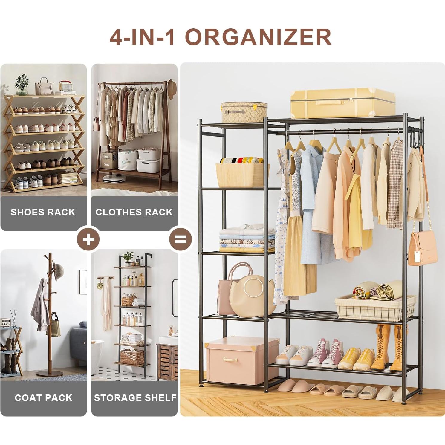 Perchero portátil Neprock con 4 estantes, Negro, 121x30x162 cm