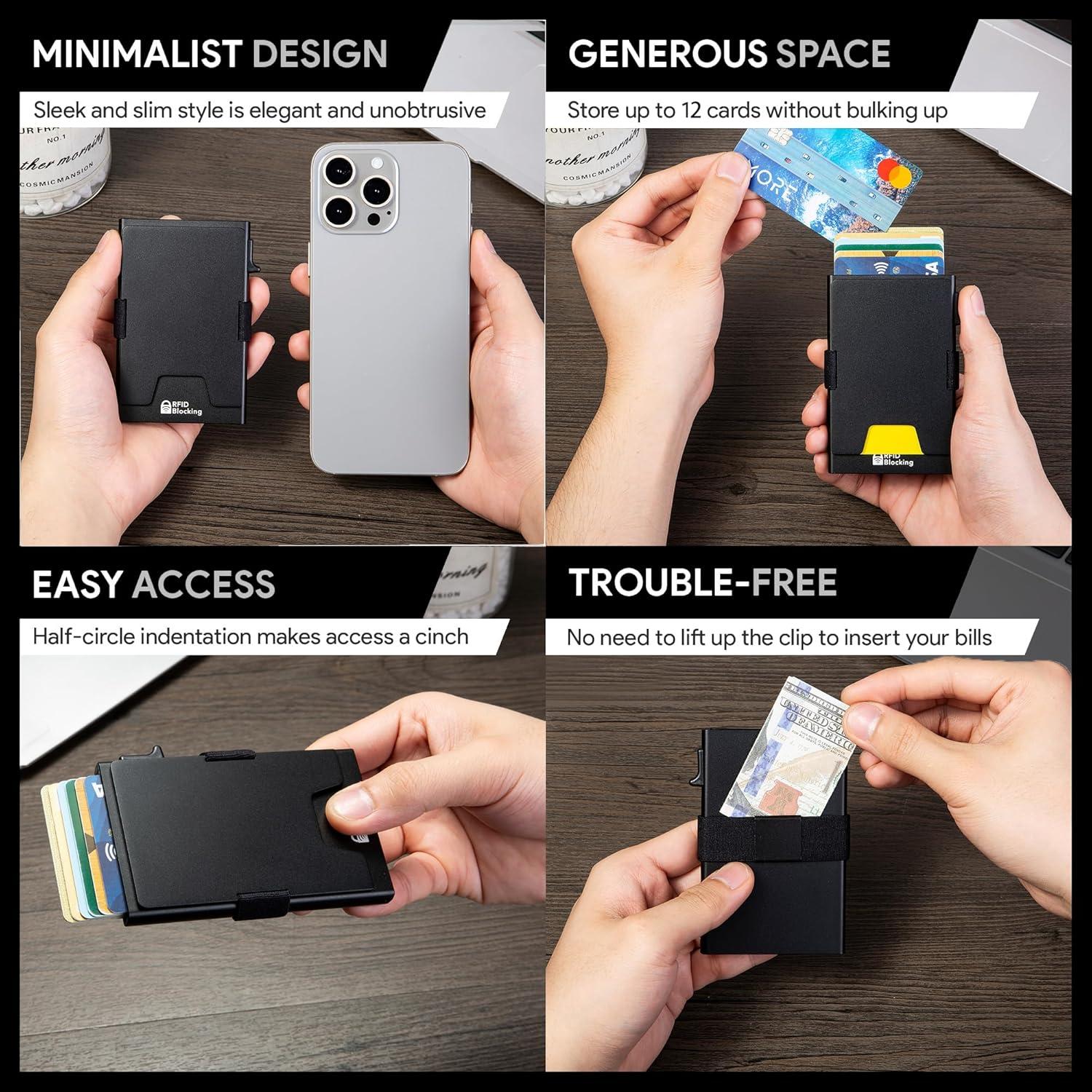 Billetera Minimalista Aluminio RFID Hombres Negro 12 Tarjetas