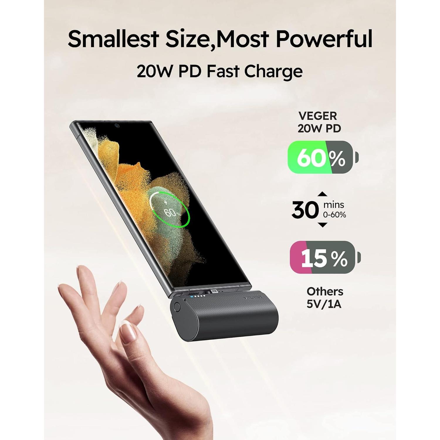 Cargador Portátil VEGER 5000mAh USB C Carga Rápida 20W