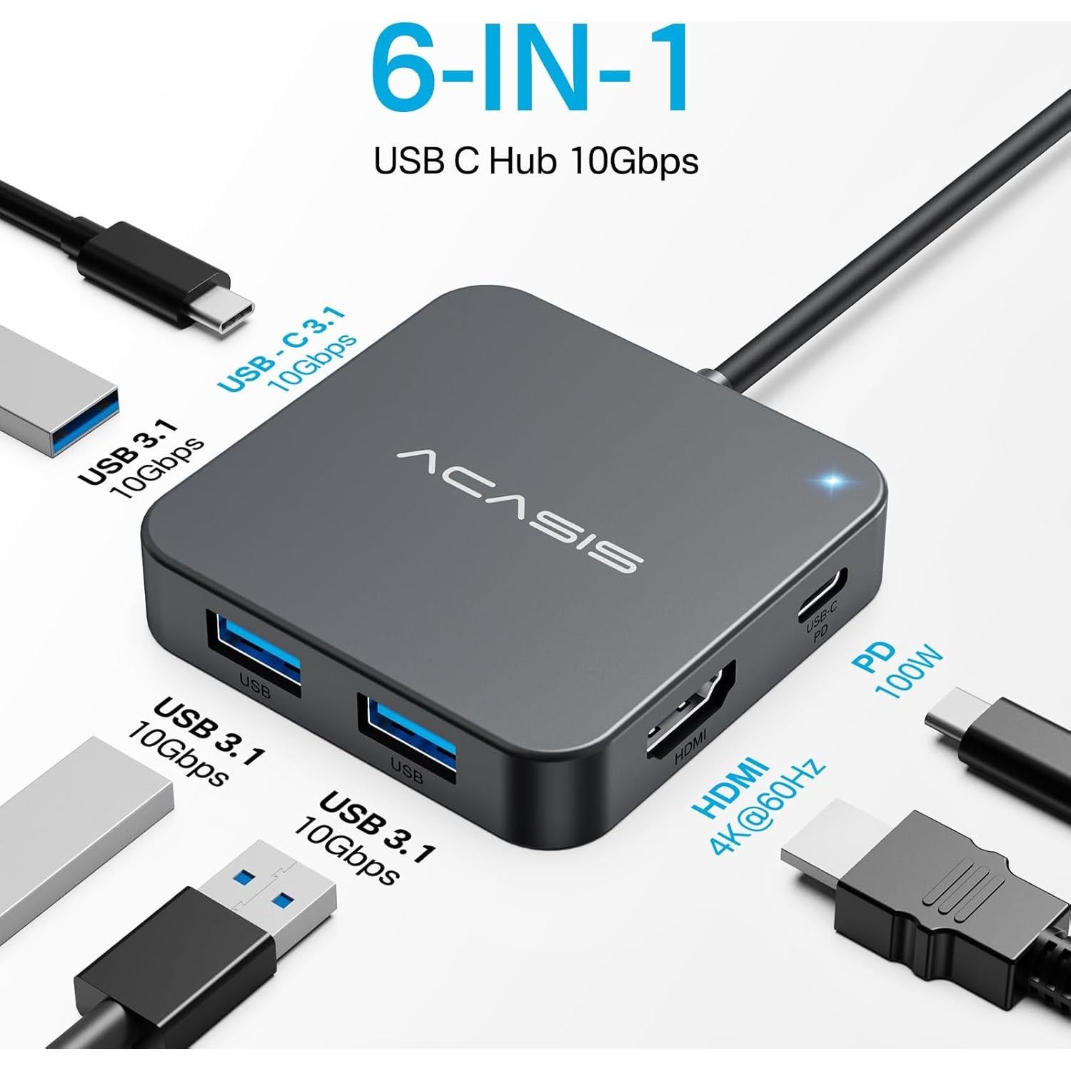 Hub USB C 6 en 1 ACASIS con HDMI 4K 60Hz y 100W