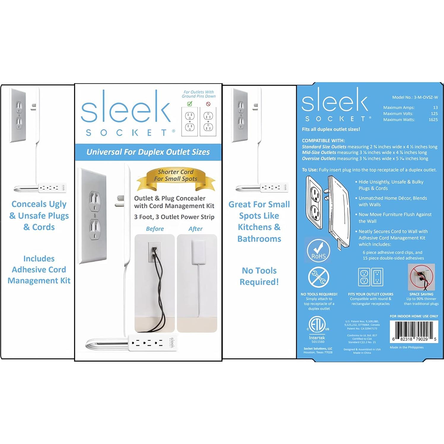 Sleek Socket Concejador de Enchufe Ultra Delgado 3 pies