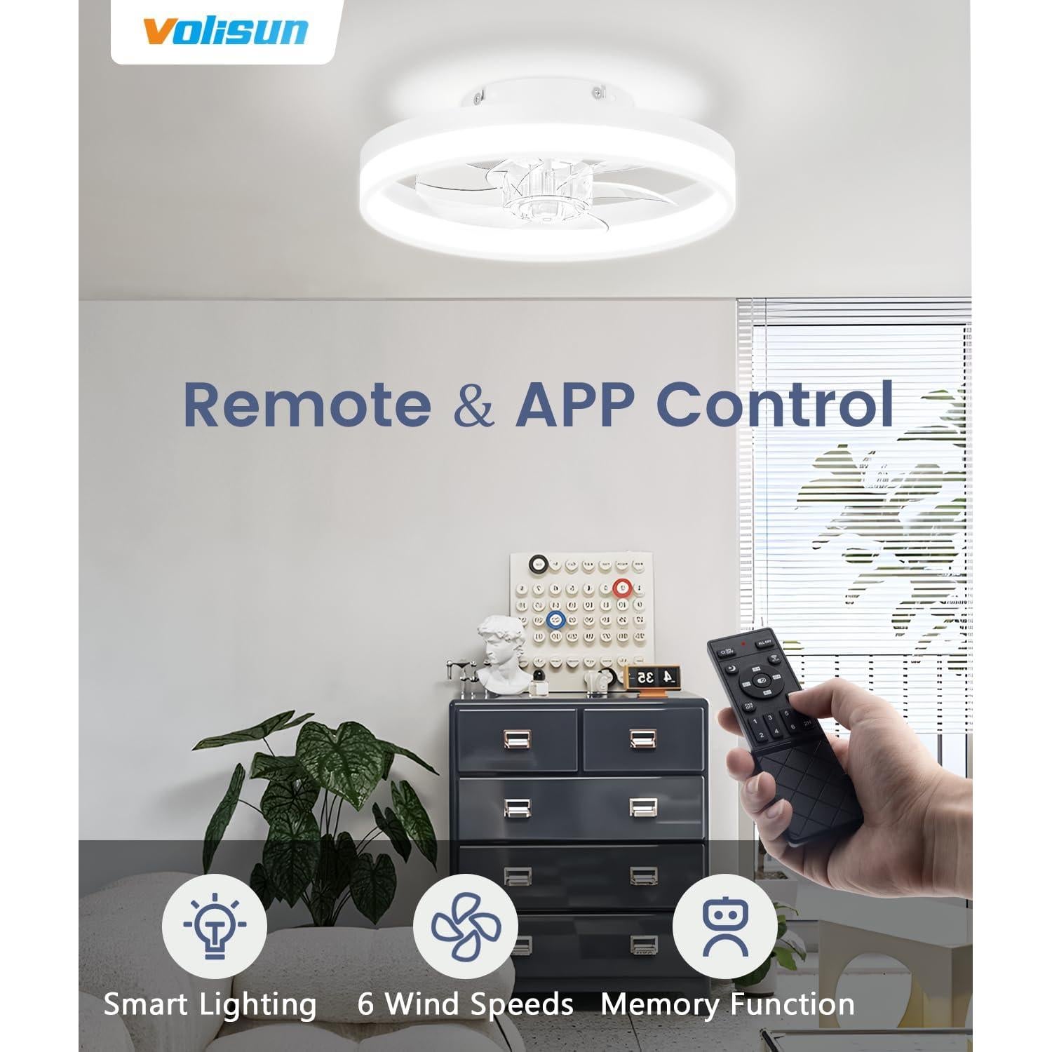 Ventilador de Techo VOLISUN 33 cm con Luz LED y Control Remoto