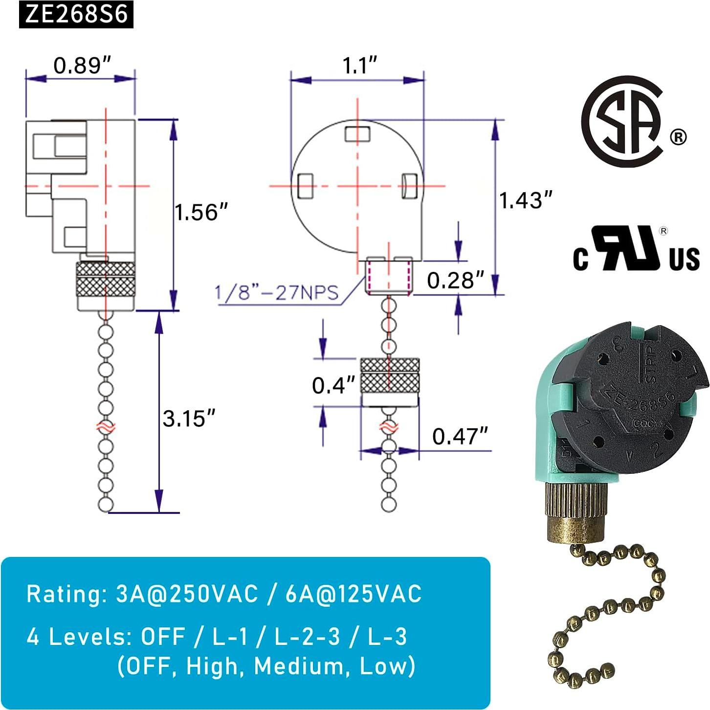 Interruptor de cadena YukiHalu para ventilador de techo 3 velocidades
