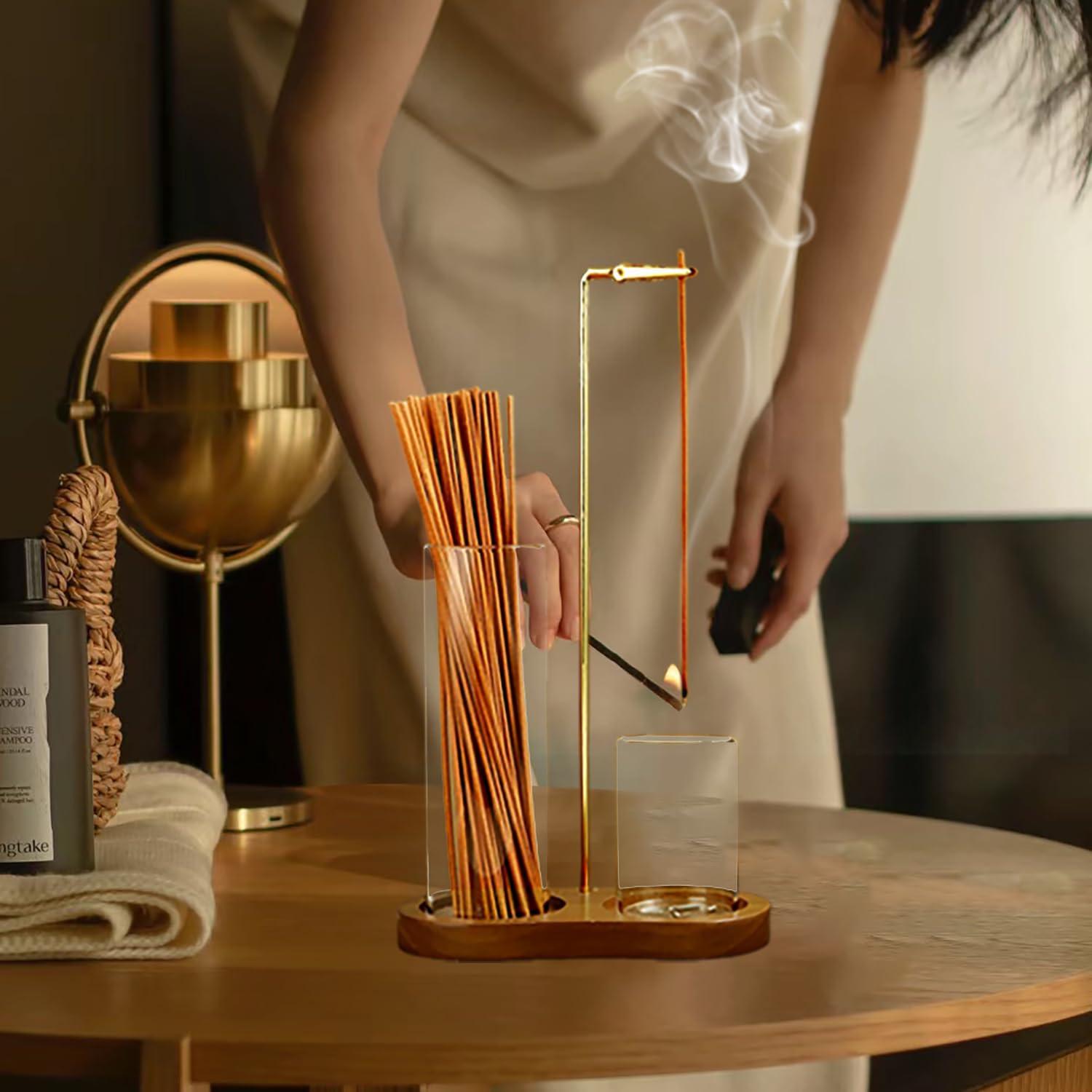 Soporte de Incienso 2 en 1 OEAYA con Base de Madera y Vidrio