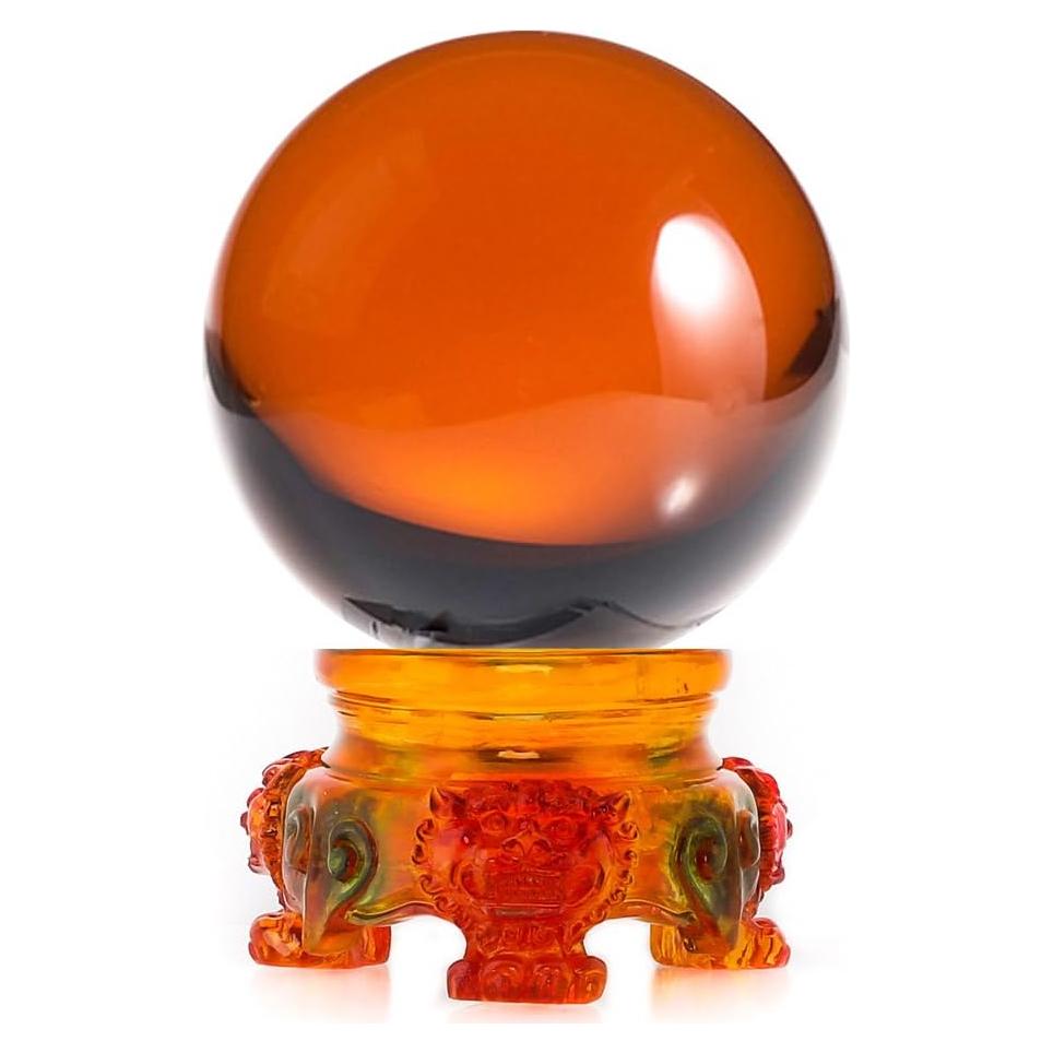 Bola de Cristal Ámbar 80mm Amlong con Soporte León Arcoíris