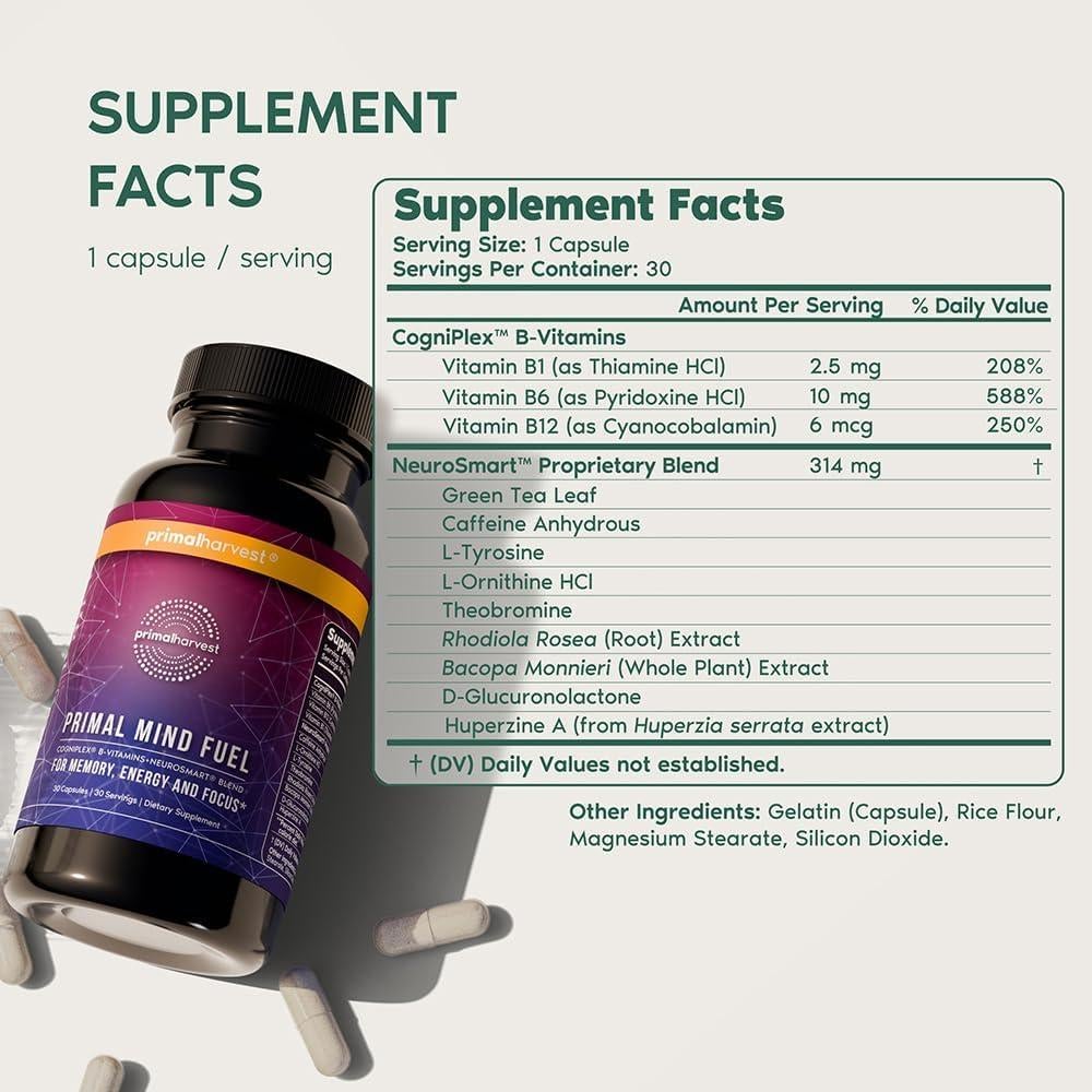 Suplemento Nootrópico Primal Harvest 30 Cápsulas Enfoque Energía