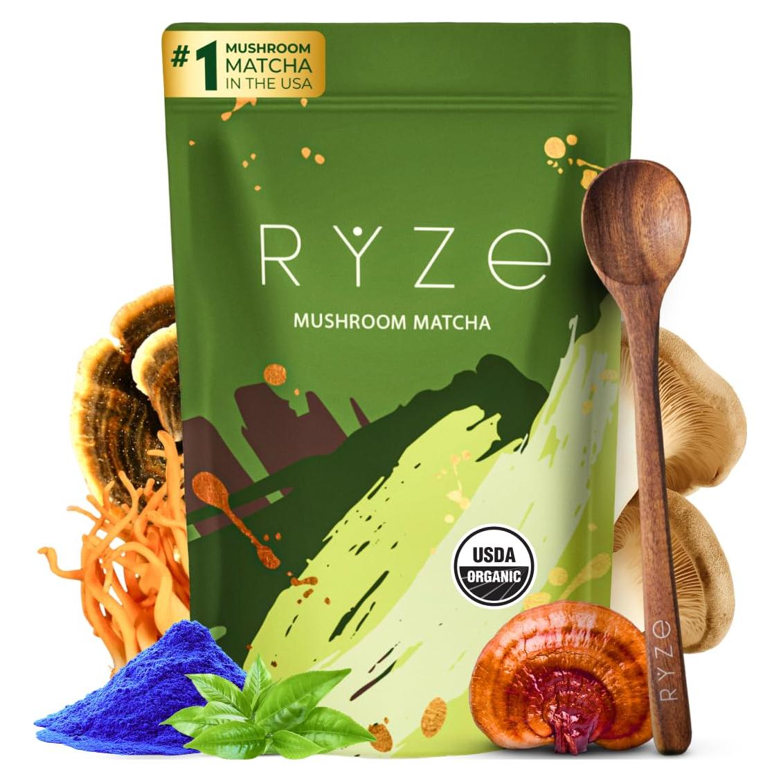 RYZE SUPERFOODS Matcha Orgánico con 6 Hongos Adaptogénicos 30 Porciones