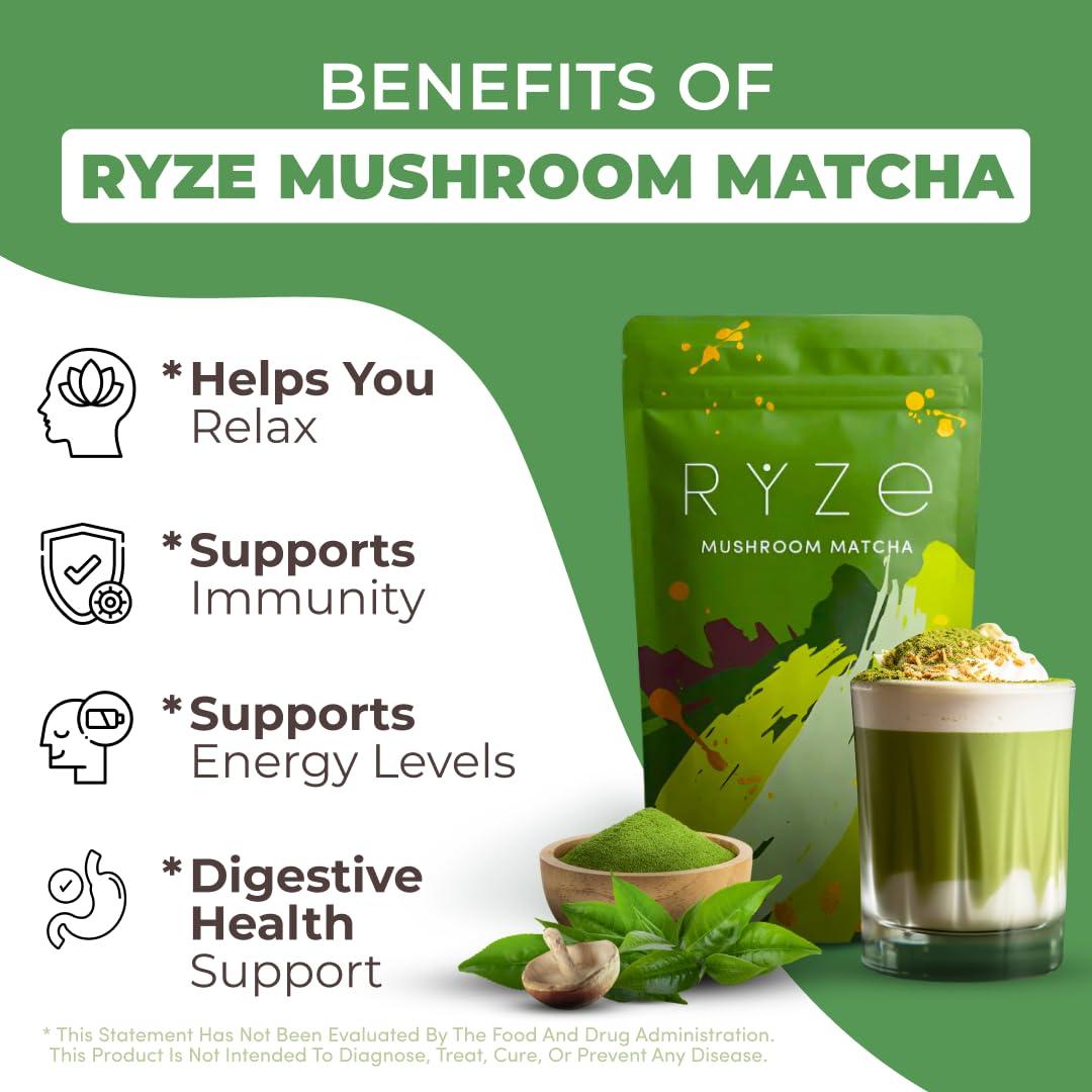 RYZE SUPERFOODS Matcha Orgánico con 6 Hongos Adaptogénicos 30 Porciones
