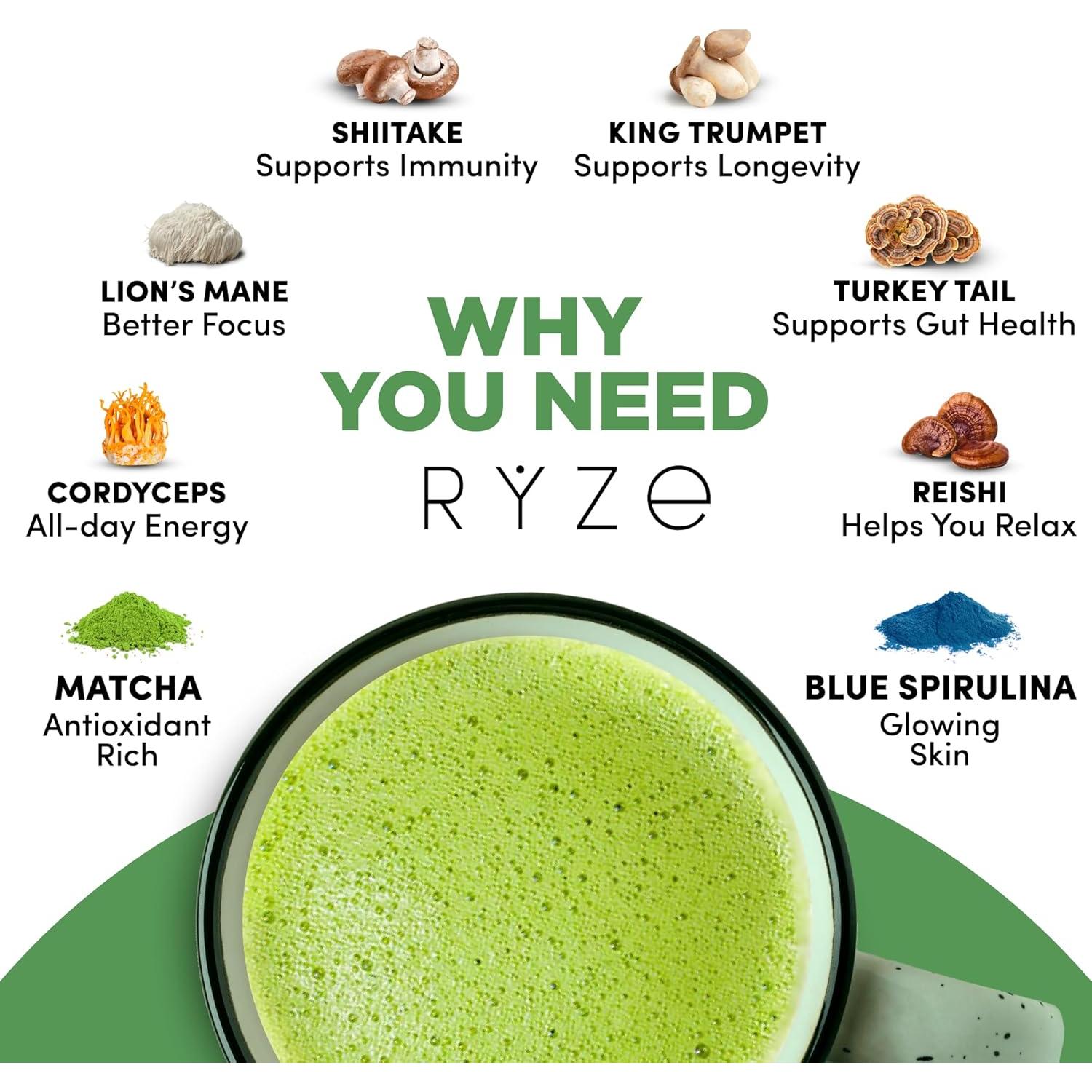 RYZE SUPERFOODS Matcha Orgánico con 6 Hongos Adaptogénicos 30 Porciones