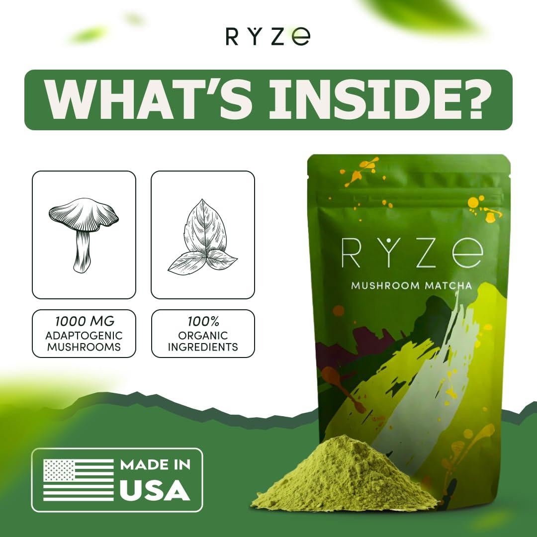 RYZE SUPERFOODS Matcha Orgánico con 6 Hongos Adaptogénicos 30 Porciones