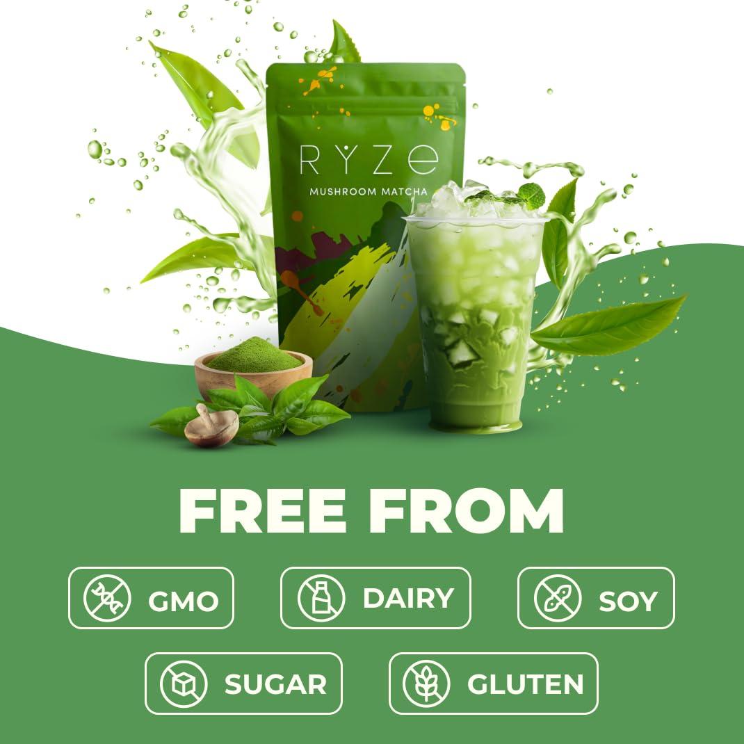 RYZE SUPERFOODS Matcha Orgánico con 6 Hongos Adaptogénicos 30 Porciones