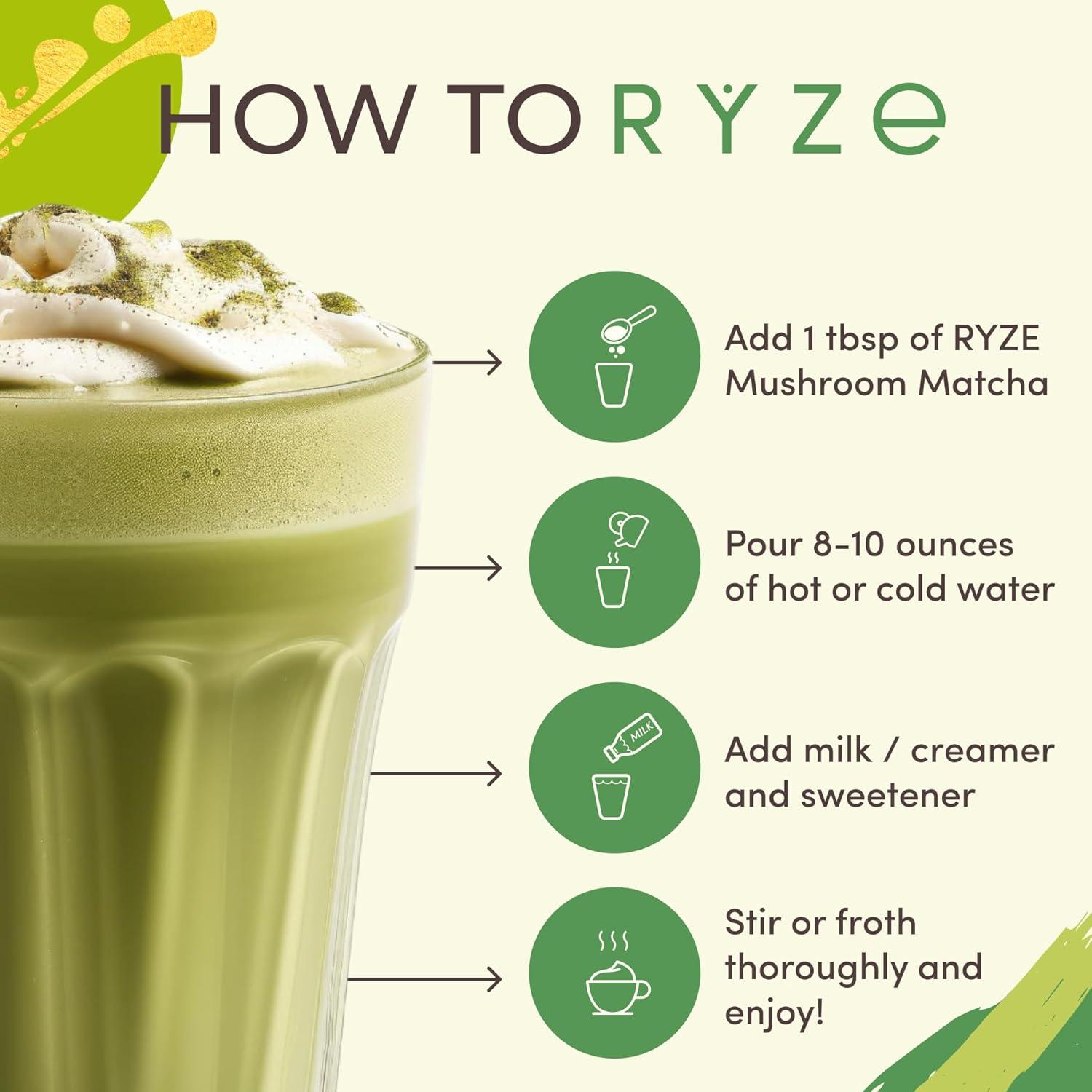 RYZE SUPERFOODS Matcha Orgánico con 6 Hongos Adaptogénicos 30 Porciones