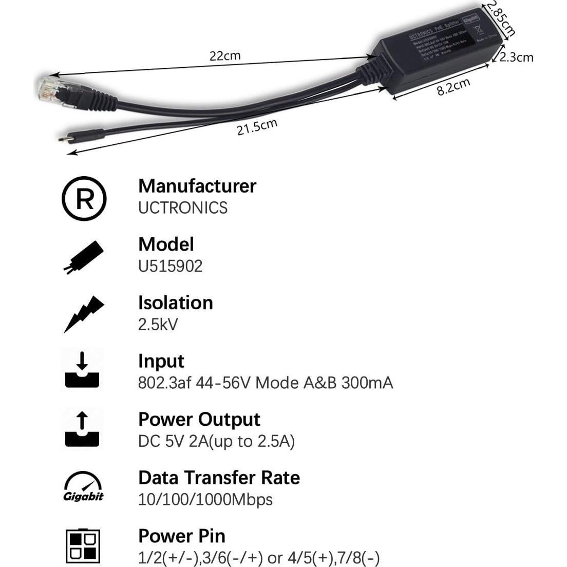 UCTRONICS PoE Splitter Gigabit 5V Micro USB para Raspberry Pi