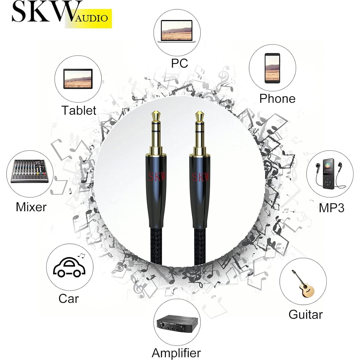 Cable Auxiliar SKW 3.5mm Hi-Fi 2m Negro para Coche y Casa