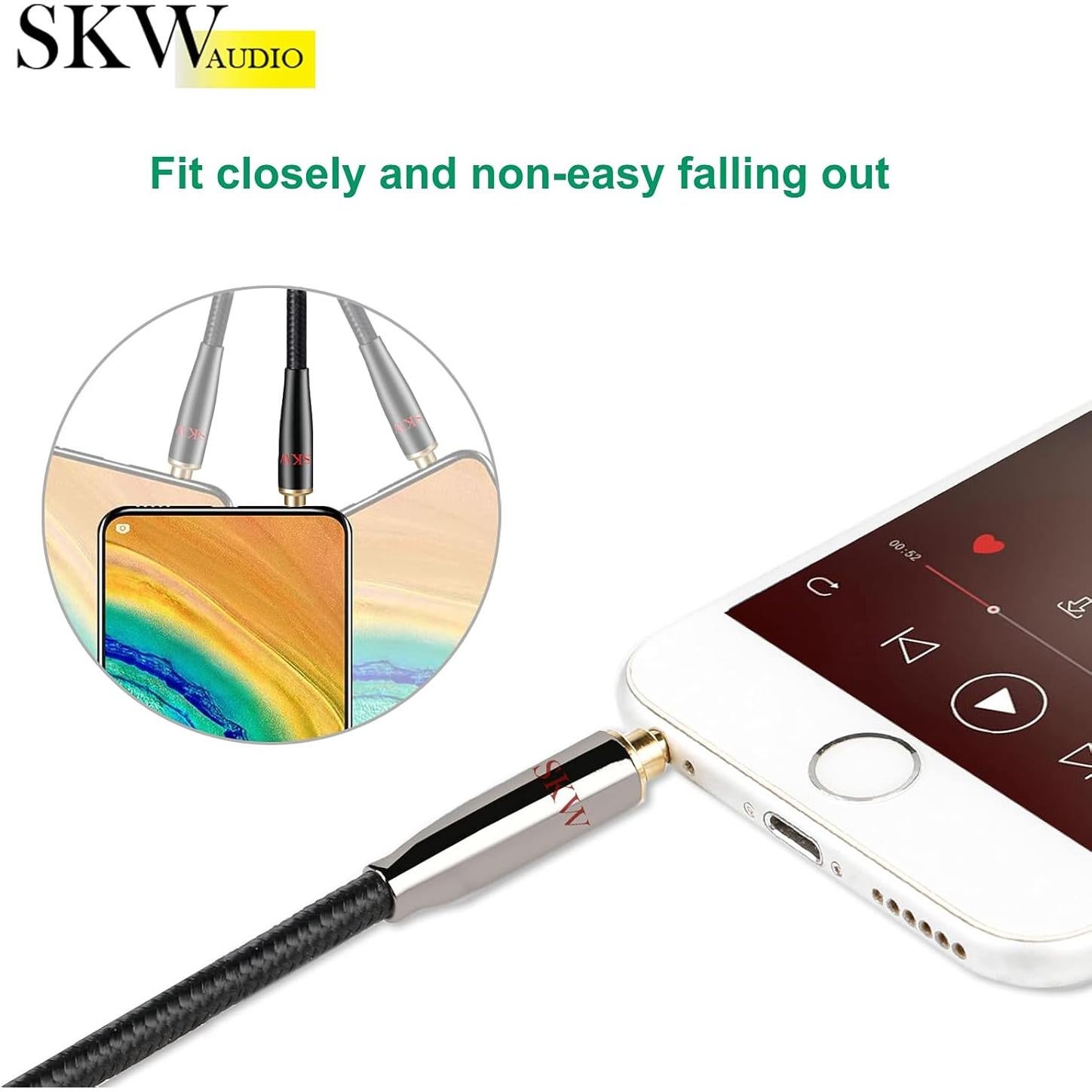 Cable Auxiliar SKW 3.5mm Hi-Fi 2m Negro para Coche y Casa