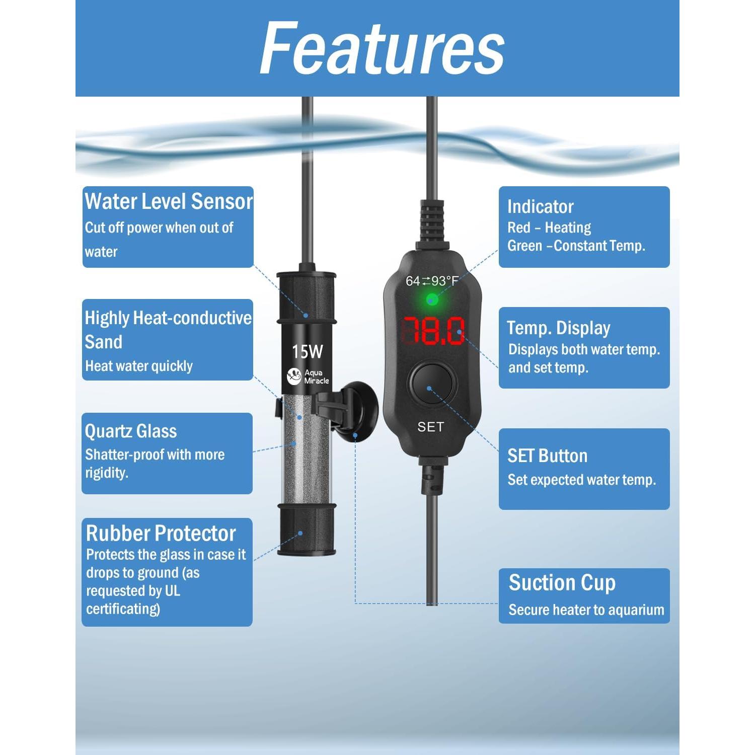 Calentador de Acuario 15W AquaMiracle Súper Corto Digital LED