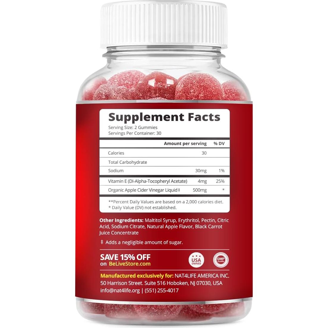 Gomitas de Vinagre de Sidra de Manzana BeLive 60 Ct - Sin Azúcar, Veganas