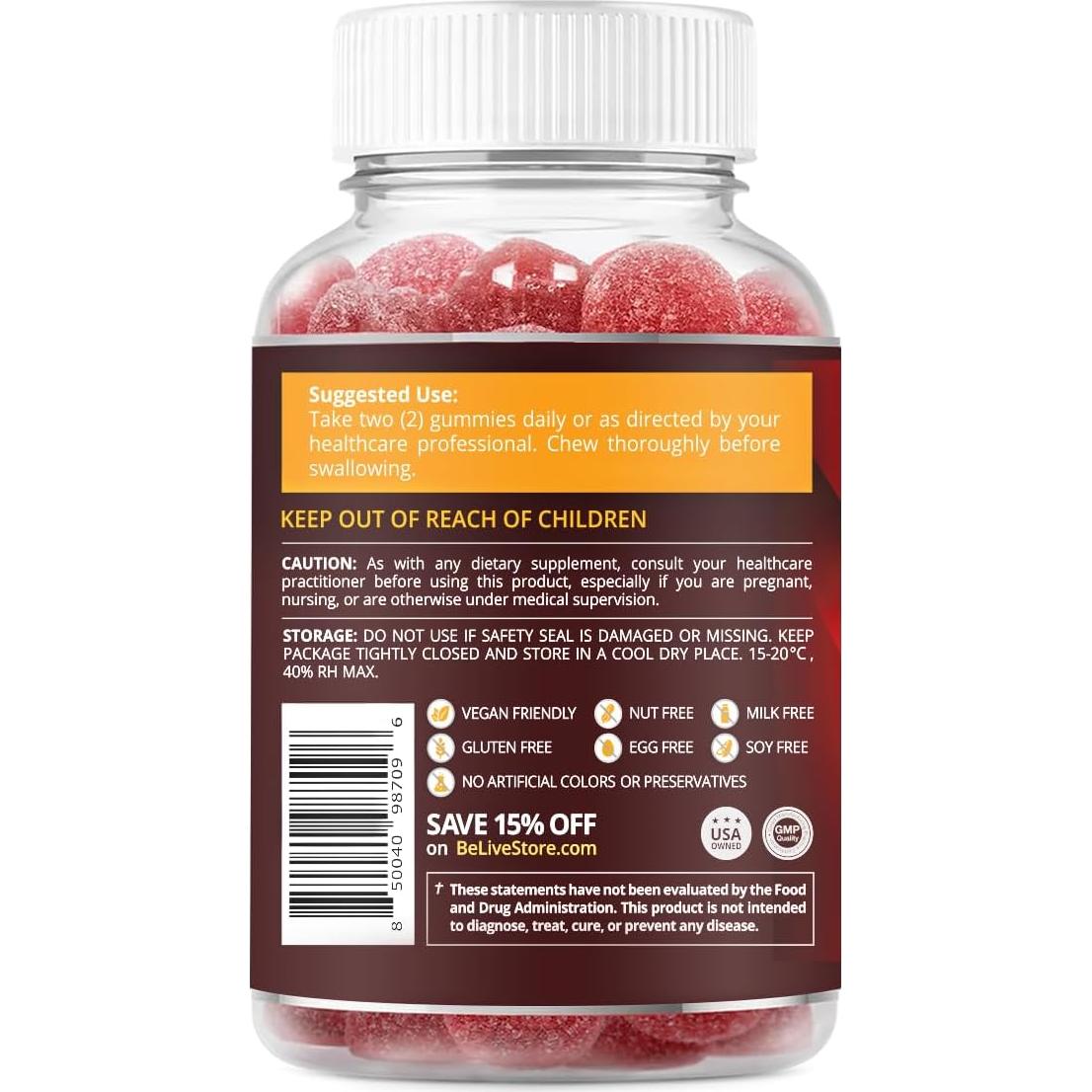 Gomitas de Vinagre de Sidra de Manzana BeLive 60 Ct - Sin Azúcar, Veganas