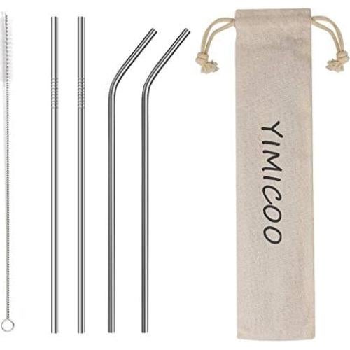 4PCS Reusable Metal Straws,8.5" Stainless Steel Straws with Case -Cleaning Brush for 20/30 Oz for Tumblers (Silver)