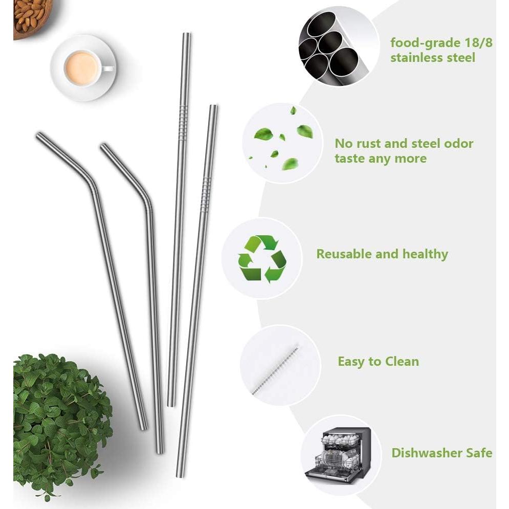 4PCS Reusable Metal Straws,8.5" Stainless Steel Straws with Case -Cleaning Brush for 20/30 Oz for Tumblers (Silver)