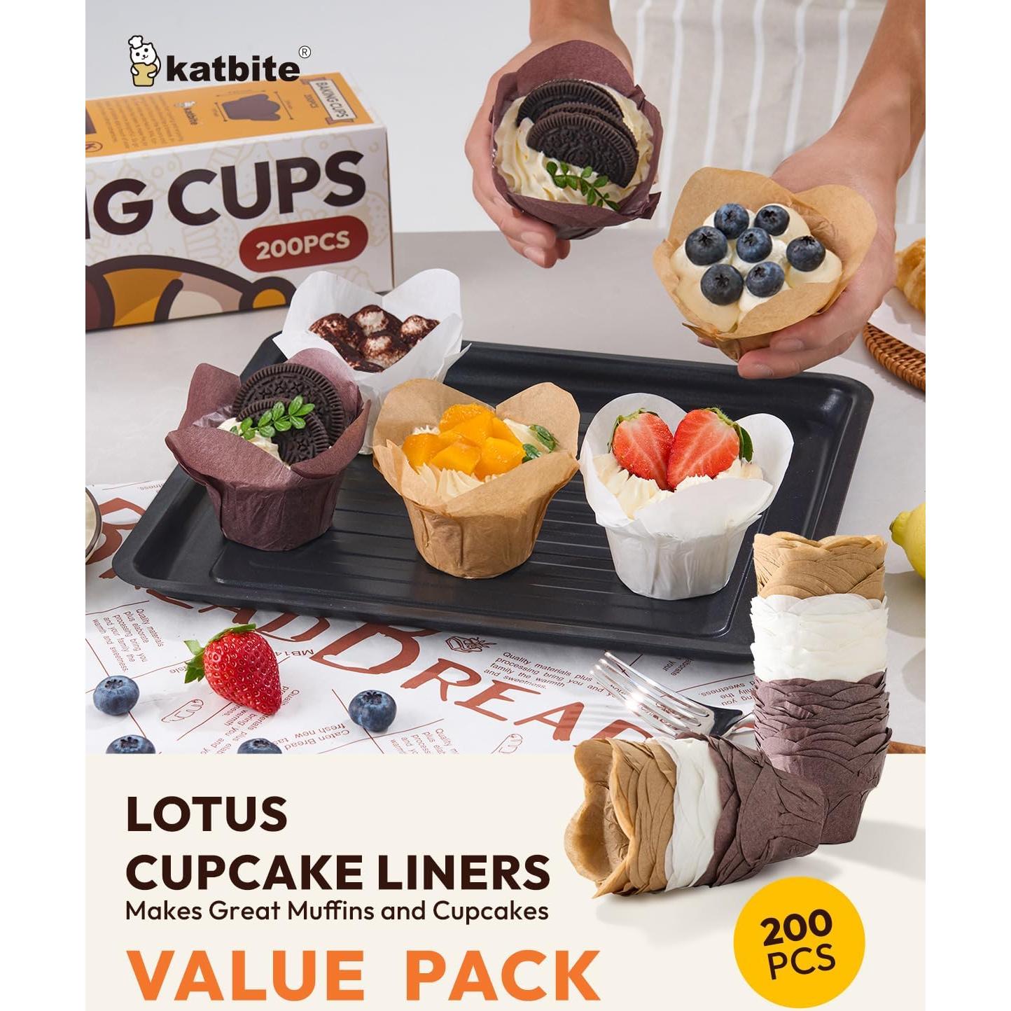 Forros para Cupcakes Tulipán de Loto Katbite 200pcs - Antiadherentes y Resistentes al Calor