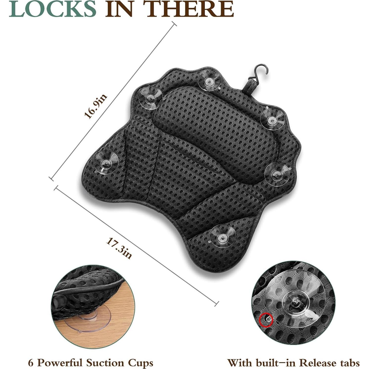 Almohada de baño RUVINCE ergonómica con 6 ventosas - Negro