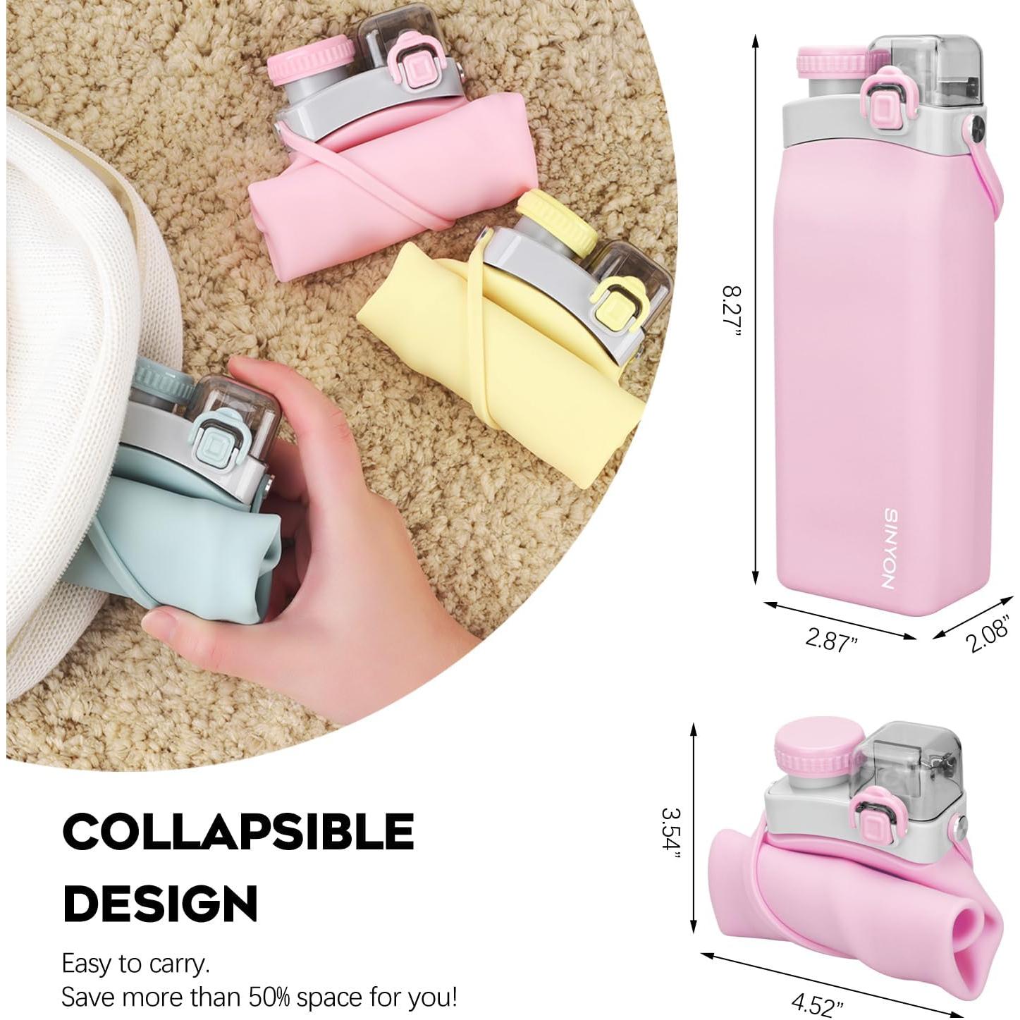 Botella de Agua Plegable Sinyon 600ml Silicona Rosa a Prueba de Fugas