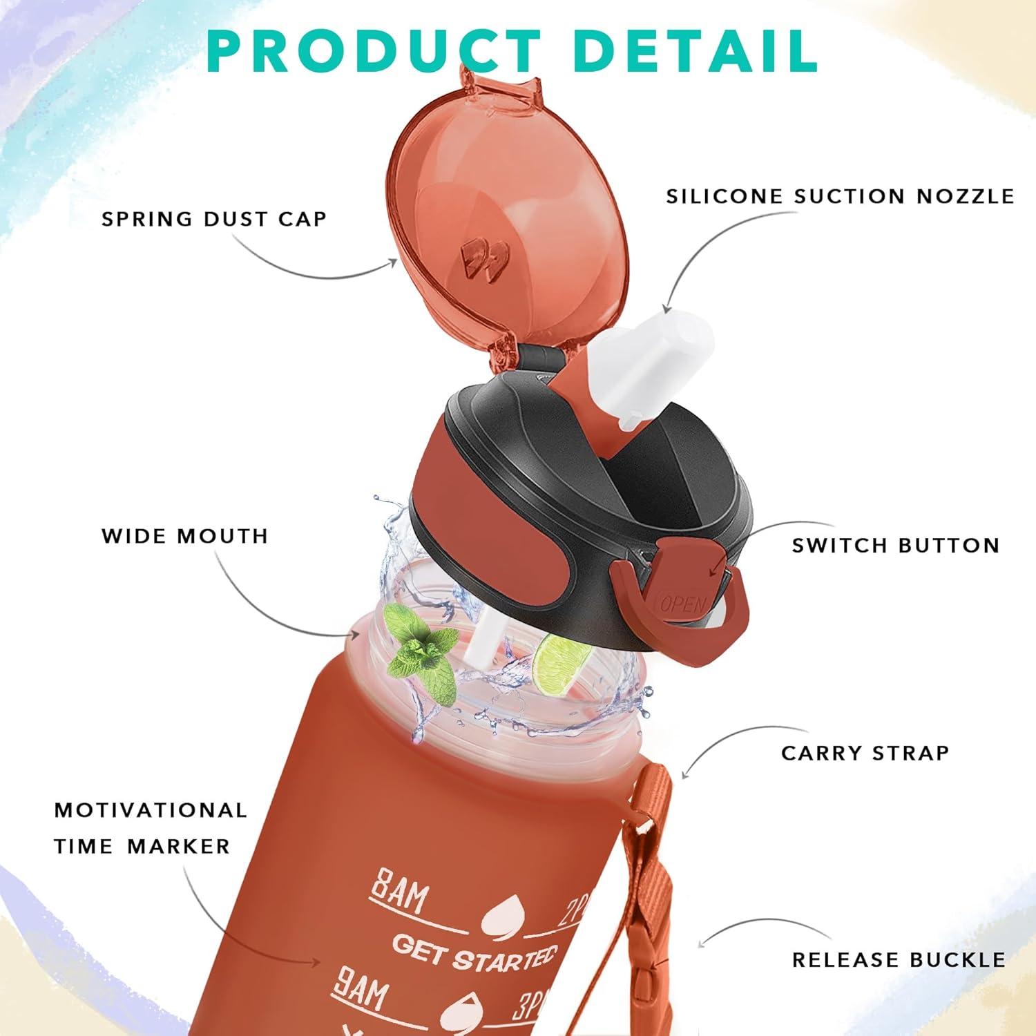 Botella de Agua 0.91L Enerbone con Horarios y Pajilla, Libre de BPA