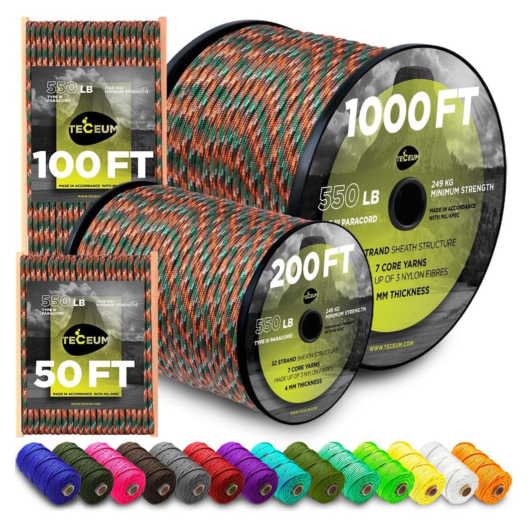 TECEUM 5/32" Paracord Rope 1000 – 1000ft / 200ft / 100ft / 50ft – Tactical Parachute Cord 4mm – 45+ Colors – Nylon String for Survival & Camping Gear – Stripe Cord for Survival – Utility Rope