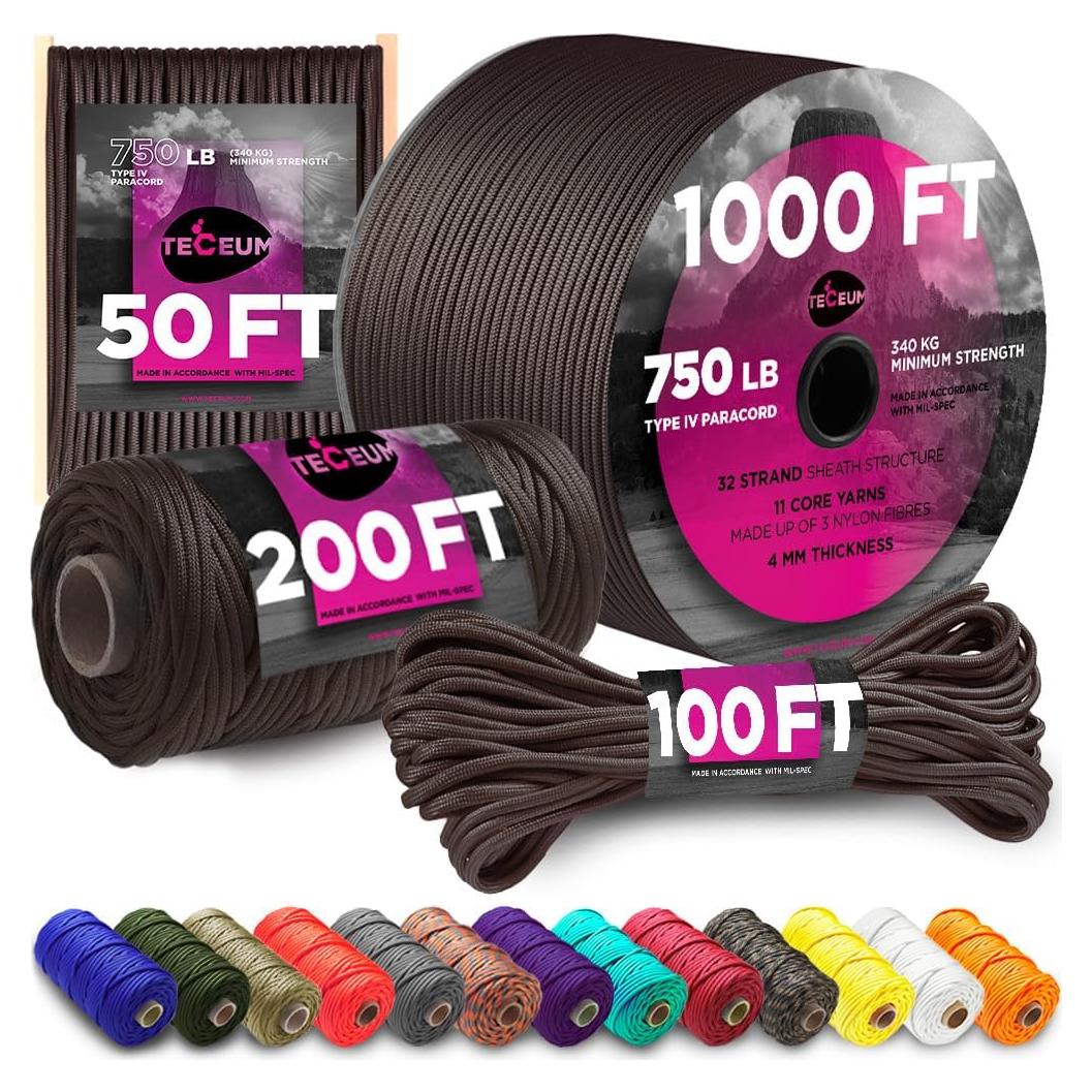 TECEUM 5/32" Paracord Rope 1000 – 1000ft / 200ft / 100ft / 50ft – Tactical Parachute Cord 4mm – 45+ Colors – Nylon String for Survival & Camping Gear – Stripe Cord for Survival – Utility Rope