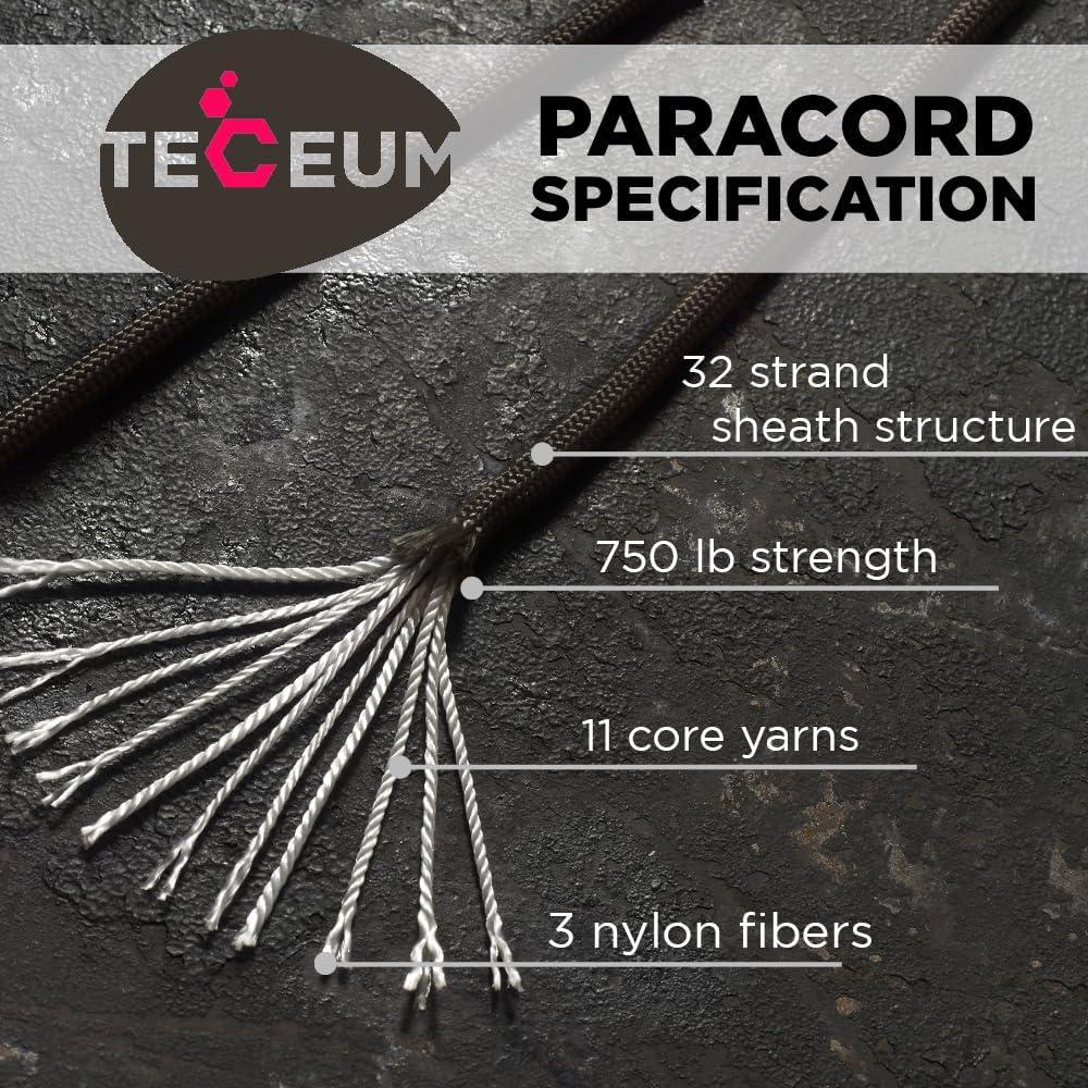 TECEUM 5/32" Paracord Rope 1000 – 1000ft / 200ft / 100ft / 50ft – Tactical Parachute Cord 4mm – 45+ Colors – Nylon String for Survival & Camping Gear – Stripe Cord for Survival – Utility Rope