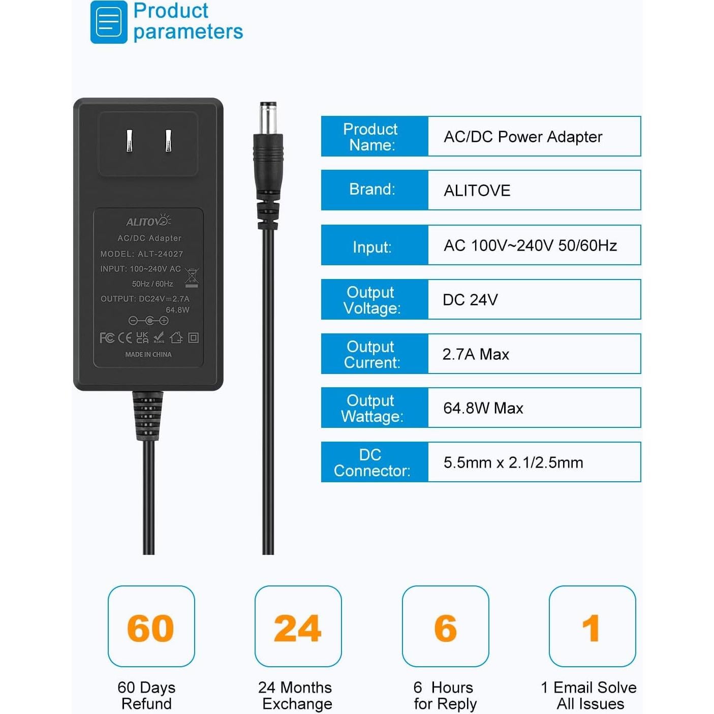 Fuente de Poder ALITOVE 24V 2.7A 65W Adaptador AC a DC