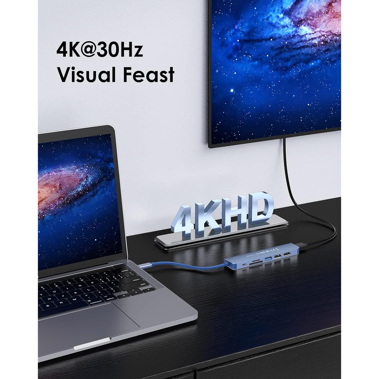 Hub USB-C Lention 7 en 1 con HDMI 4K y carga 100W Azul